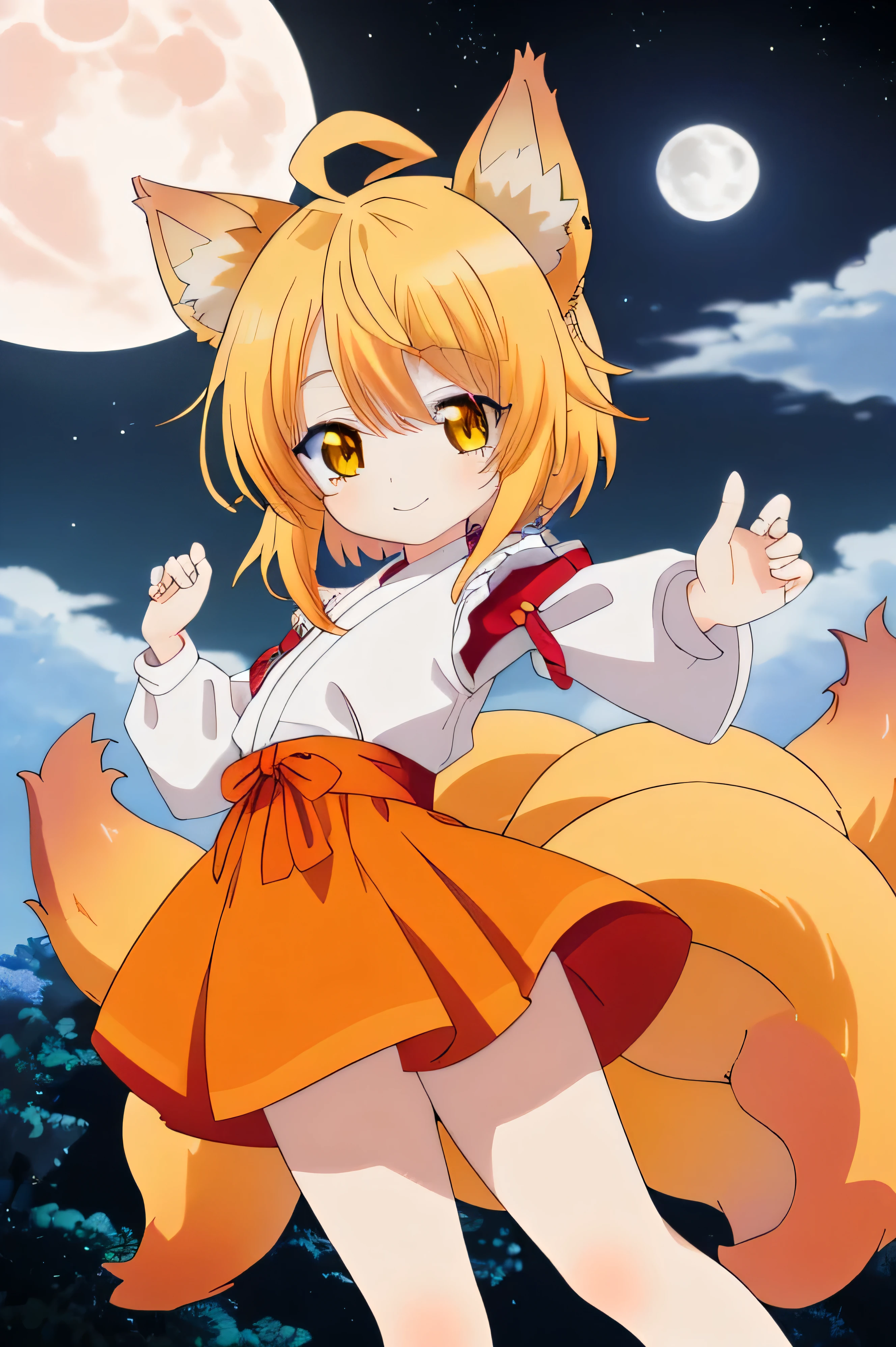 una chica kizuna muy kawaii con piel color crema, Yellow hair color and wearing an orange fighting dogi of goku and with fox ears and multiple tails with his mouth closed but with a smile on his lips on a very beautiful night with a full moon