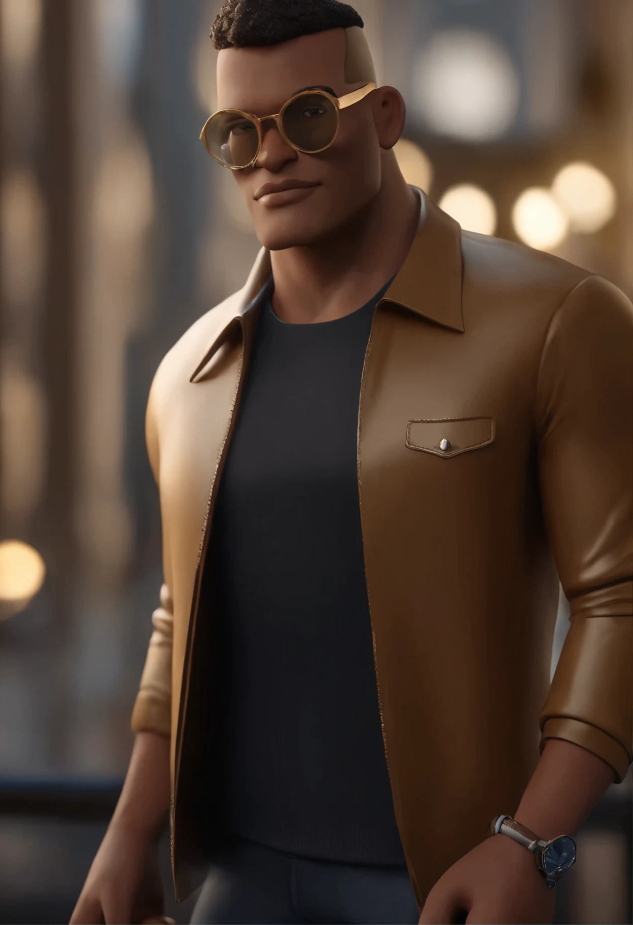 Cartoon character of a man in gold Juliet glasses and black Gucci shirt , um personagem animado, Caractere estilizado, animation style rendering, 3D estilizado, Arnold Maya rendering, Stylized 3D rendering, toon render screenshot, Personagem 3D, Personagem 3D, Stylized 3D rendering, 3D character rendering, personagem de desenho animado, Personagem de close up, Pose de personagem, (Estilo Pixar) (parte mestre:1.2) (Bokeh) (melhor qualidade) (pele detalhada) (textura detalhada) (8k) (argila) (cinematic lighting) (sharp focus,Senta e vaza a parte superior do corpo