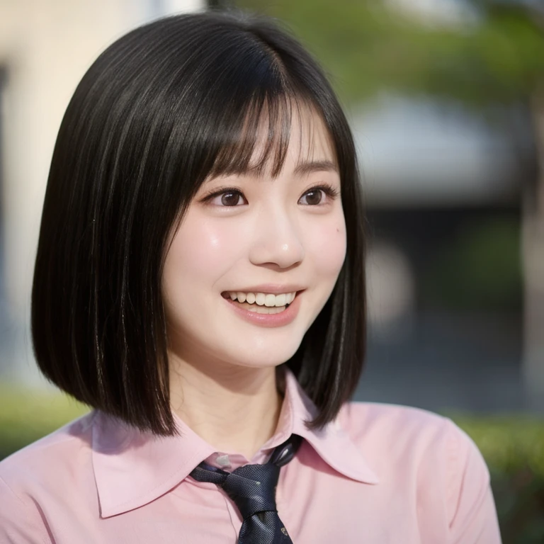 (kawaii 24year-old Japanese girl, Nogizaka idol, Korean idol), (glossy black hair, medium bob cut:1.3), (rounded face, black eyes, single eyelid, no makeup, big laughing:1.2), (wearing light pink collared shirt, necktie:1.3), (flat chest, extra small breasts:0.8), (looking at something out of frame:1.2), BREAK, (sunny day outside background:1.3), (vertical shot, profile, close shot:1.3), BREAK, (masterpiece, best quality, photo realistic, official art:1.4), (UHD, 8K quality wallpaper, high resolution, raw photo, golden ratio:1.2), (shiny skin), professional lighting, physically based rendering, award winning, (perfect anatomy, highly detailed skin, extremely detailed face and eyes), Carl Zeiss 85 mm F/1.4, depth of field, 1girl, solo,