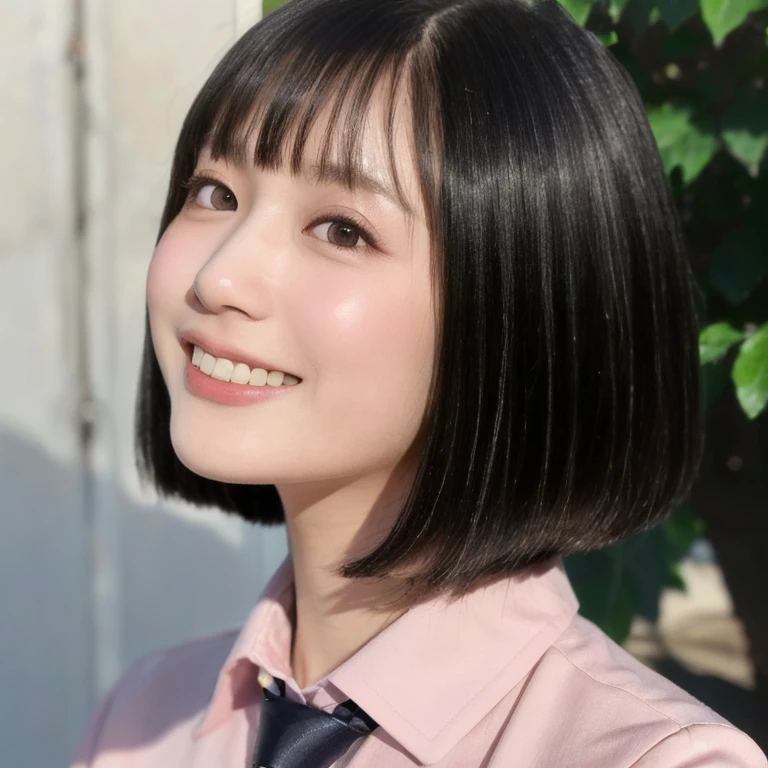 (kawaii 24year-old Japanese girl, Nogizaka idol, Korean idol), (glossy black hair, medium bob cut:1.3), (rounded face, black eyes, single eyelid, no makeup, big laughing:1.2), (wearing light pink collared shirt, necktie:1.3), (flat chest, extra small breasts:0.8), (looking at something out of frame:1.2), BREAK, (sunny day outside background:1.3), (vertical shot, profile, close shot:1.3), BREAK, (masterpiece, best quality, photo realistic, official art:1.4), (UHD, 8K quality wallpaper, high resolution, raw photo, golden ratio:1.2), (shiny skin), professional lighting, physically based rendering, award winning, (perfect anatomy, highly detailed skin, extremely detailed face and eyes), Carl Zeiss 85 mm F/1.4, depth of field, 1girl, solo,