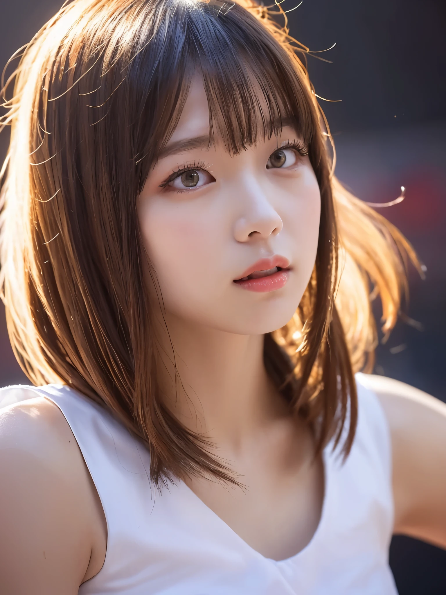(sfw:1.5)、 sun flareWhite base with purple-red fluttering costume、tulle skirt、23 years old, perform on stage, concert photos, cute core、(((watching the audience)))、23 years old、Mei Nagano、shooting from above、(Natural and detailed face standing、beautiful and detailed eyes、beautiful and dense lips、very detailed eyes、detailed face、long eyelashes)(8K resolution)、High resolution、masterpiece:1.2 )、Super detailed、(real、photorealistic、photorealistic: 1.37)、bob hair、belle delphine、dress、8K、fantastic lighting、bright colors、standing position