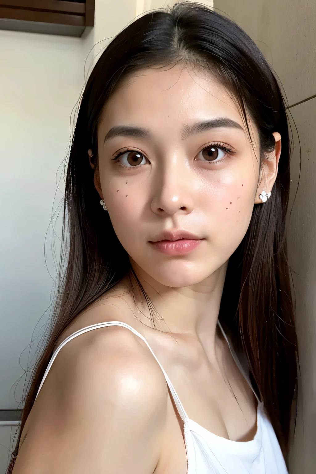 ((best quality)), ((chef-d'artwork)), (detailed), perfect face 23 year old girl of Thai origin from her mother and Spanish from her father, 171cm couleur de peau métissé, cheveux brun et mi long, piercing anneau couleur cuivré, short jean sexy et chemisier blanc décolleté 90b. avec un piercing au nez
de face debout contre un mur les cheveux attachés, les yeux marron clair, la peau mat, jolie sourire,