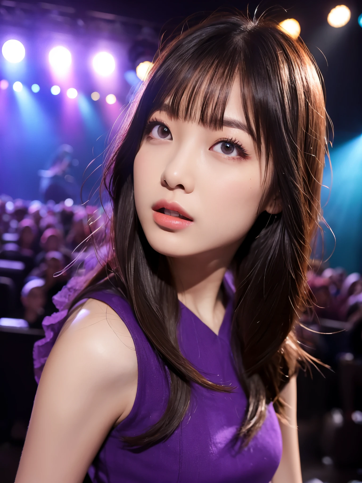 (sfw:1.5)、 sun flareWhite base with purple-red fluttering costume、tulle skirt、23 years old, perform on stage, concert photos, cute core、(((watching the audience)))、23 years old、Mei Nagano、shooting from above、(Natural and detailed face standing、beautiful and detailed eyes、beautiful and dense lips、very detailed eyes、detailed face、long eyelashes)(8K resolution)、High resolution、masterpiece:1.2 )、Super detailed、(real、photorealistic、photorealistic: 1.37)、bob hair、belle delphine、dress、8K、fantastic lighting、bright colors、standing position