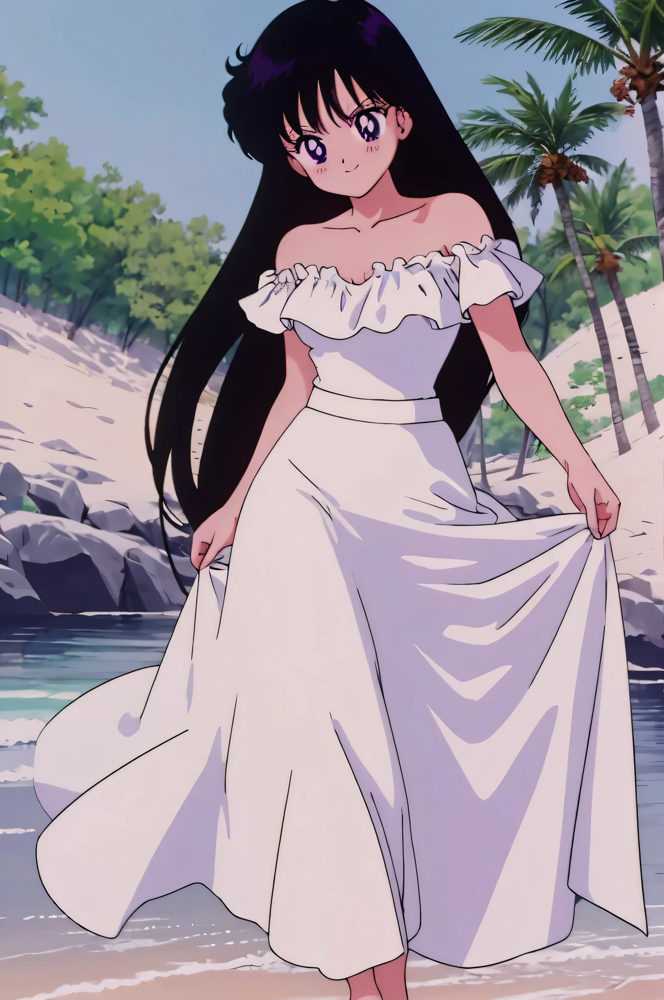 (retro anime girl:1.2), (white dress:1.1), (masterpiece:1.2), (best quality), (ultra detailed), (8k,4k), (half body:1.2), (cowboy:1.2), (close up:1.2), (highly detailed:1.2), (Ruffle Off-the-shoulder top:1.4), (Maxi skirt:1.4), Rei Hino, 1 girl, solo, Best quality, masterpiece, High Definition, r, Purple Eyes, Beautiful Detail Eyes, Black Hair, Long Hair, Good hands at sides, Smile, Blushing, Bare Neck, Bare Arms, Bare Shoulders, short sleeve, Strapless, White Ruffle Off-the-Shoulder Top, White Off-the-shoulder Dress, White maxi dress, walking on the beach with bare feets, Background, blue skies, Close up,