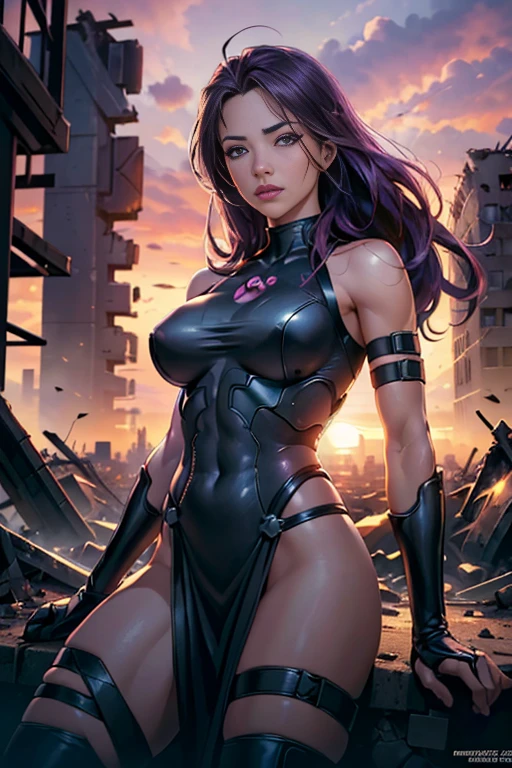 Amy Acker、Torn Suit、I'm wearing a skirt、masterpiece, 1 Girl, マーベルのサイロックとしてbeautiful女性, Psylocke Cosplay from X-Men、Purple Suit、Fine and delicate features, Futuristic New York Background, Science fiction, blonde, Super Heroine, heroic, Perfect balance, photograph, 超Realistic, masterpiece, 8k, large format camera, 110mm lens, Dynamic Lighting, Rim lighting、Official Art, extremely detailed CG 8K wallpaper, perfect Lighting, De color, bright_amount_method_Light, piel bright, (masterpiece:1.0), (Better_quality:1.0), Ultra-high resolution, 4k , Very detailed, Director of Photography, 8K, HDR, Altas ResoLightones, (Confused:1.2), Kodak Portrait 400, Film Grain, Blurred Background, (Bokeh:1.2), Lens flare, (Vibrant_color:1.2), プロのphotograph撮影, (beautiful_method:1.5),More detailed 8K.Unreal Engine:1.4,Hmm.,La Better calidad:1.4, Realistic:1.4, Skin temperature:1.4, masterpiece:1.8,masterpiece, Better calidad,Object Object], (Detailed facial features:1.3),(Anti-sedentary apocalyptic destroyed city:1.4), (Apocalyptic Sunset:1.4)