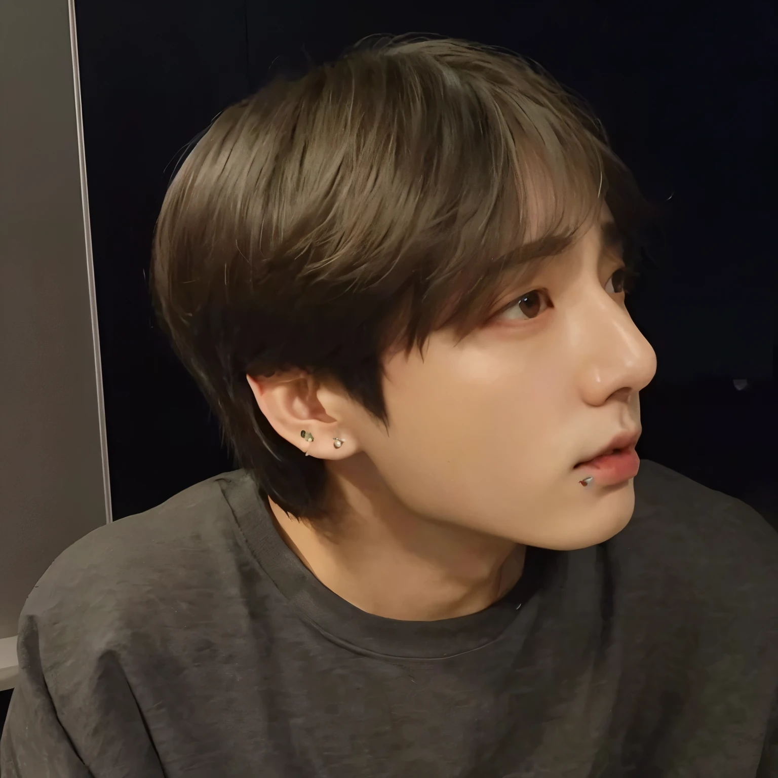 Hay un hombre con camisa gris y piercings en las orejas, jungkook, Kim Doyoung, cai xukun, hyung tae, kim taejin, taken in the early 2020s, 1 7-year-old boy with a thin face, pale korean adorable face, foto de perfil en la cabeza, looking away from the camera, con pelo corto, Shin Jeongho, yoongi de pelo negro