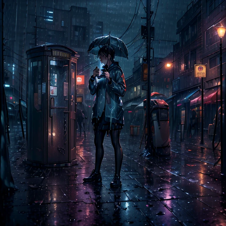 ((Night scene, Emotional atmosphere:1.0)), (Masterpiece, 4K Wallpaper:1.0), (Dramatic, rain-soaked landscape:1.5), Public phone booth undertheta rain, Reflection on the phone's surface shows distorted image of the night sky, (High resolution, High contrast lighting:1.1), Realistic puddles on the ground, (Splashes of light from streetlights), (Intense, emotional expression on the face of the person using the phone:1.5), (High quality, fully-textured scene:1.0), (Detailed, background elements:1.0)