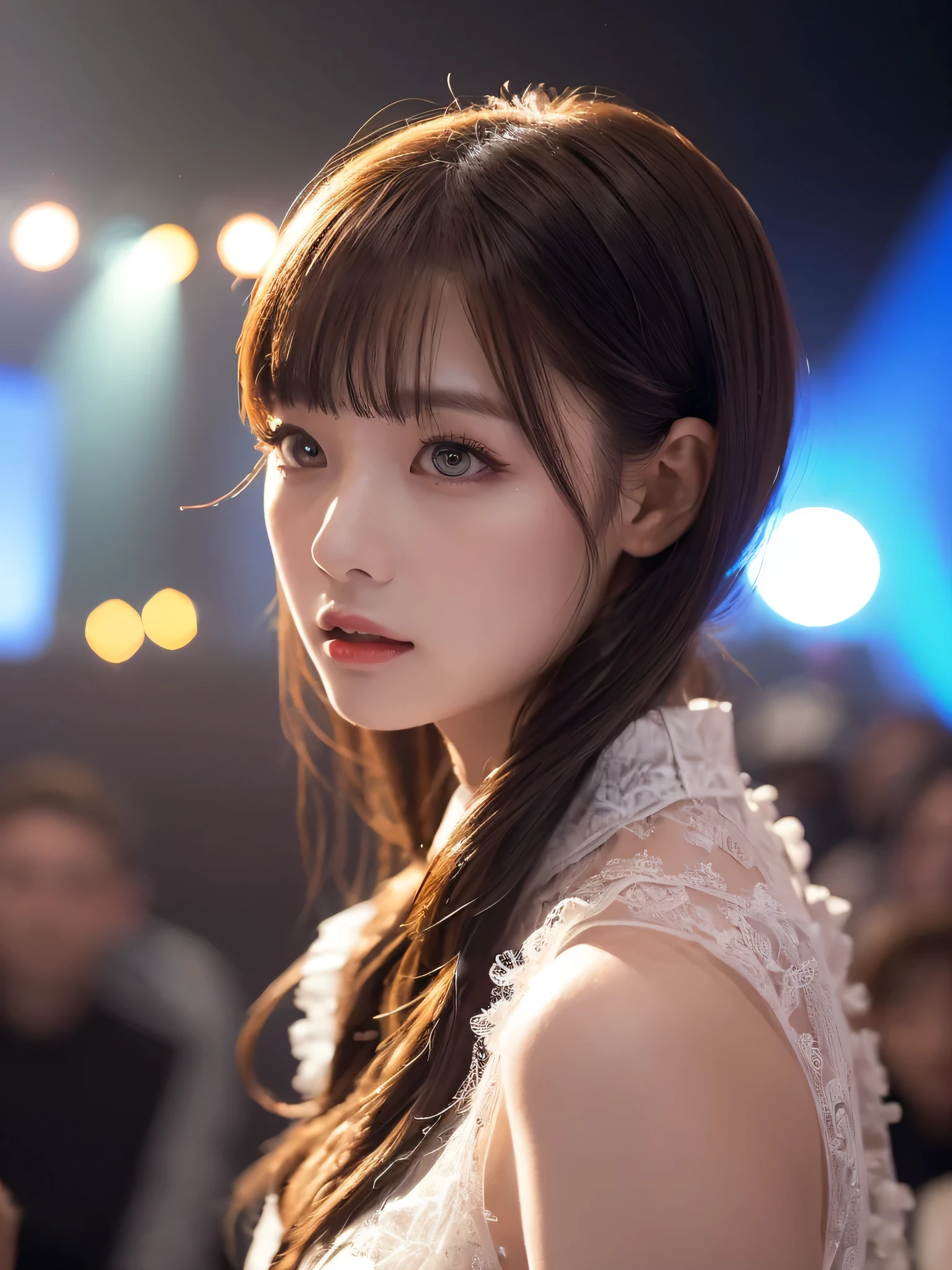 (sfw:1.5)、 sun flareWhite base with purple-red fluttering costume、tulle skirt、28 years old, perform on stage, concert photos, cute core、(((watching the audience)))、shooting from above、（Natural and detailed face standing、beautiful and detailed eyes、beautiful and dense lips、very detailed eyes、detailed face、long eyelashes）（8K resolution）、High resolution、masterpiece：1.2 )、Super detailed、(real、photorealistic、photorealistic: 1.37)、bob hair、belle delphine、dress、8K、fantastic lighting、bright colors、standing position、(((Gazing at the viewer)))