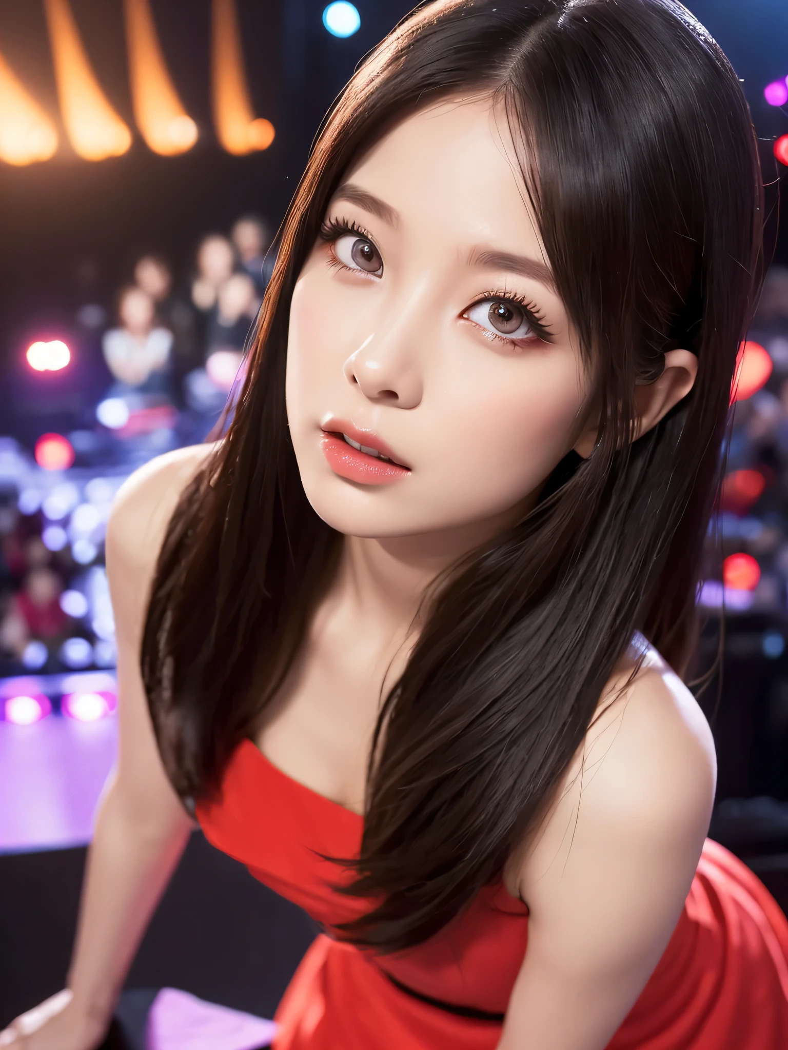 (sfw:1.5)、 sun flareWhite base with purple-red fluttering costume、tulle skirt、28 years old, perform on stage, concert photos, cute core、(((watching the audience)))、shooting from above、（Natural and detailed face standing、beautiful and detailed eyes、beautiful and dense lips、very detailed eyes、detailed face、long eyelashes）（8K resolution）、High resolution、masterpiece：1.2 )、Super detailed、(real、photorealistic、photorealistic: 1.37)、bob hair、belle delphine、dress、8K、fantastic lighting、bright colors、standing position、(((Gazing at the viewer)))