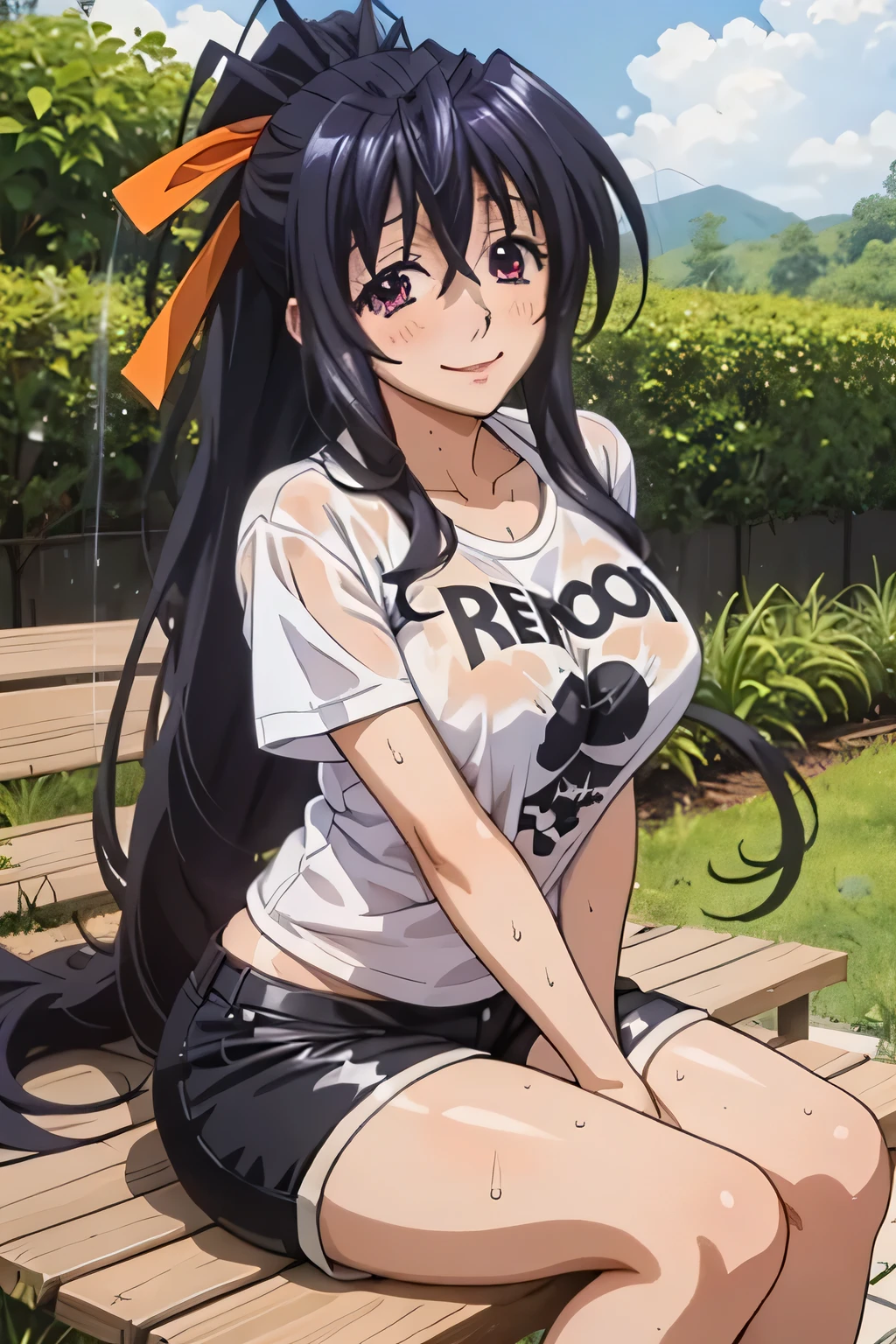 Himejima Akeno、Long Hair、(draw the eyes:1.2)、one person
、blush、smile
、(You can see her chest)
、(Butt Exposed)
、Soaking wet
、Sit down
、(Shorts)、(T-Shirts)
、(highest quality)
、(Fine skin:1.3)