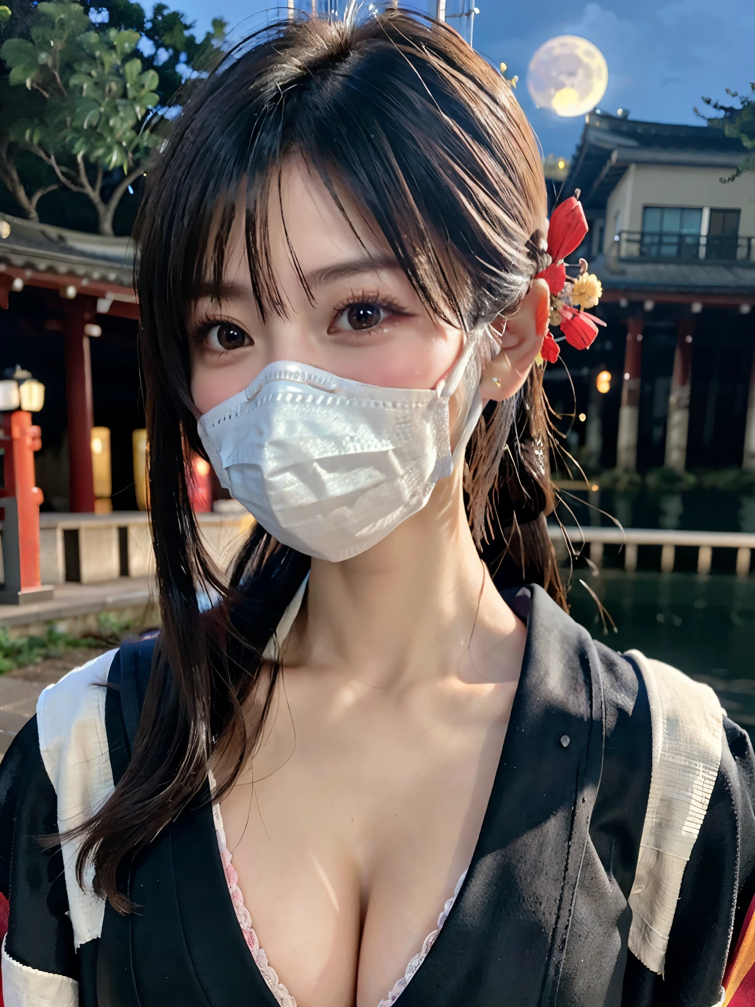 Best Quality, masutepiece, High resolution, 1girl in, Beautiful face,
Tindall Effect, 
Realism, Dark, Edge lighting, Two-tone lighting, (High Detail Skin: 1.2), 
8K UHD, Digital SLR, Soft light, High quality, Volumetric lighting, Photo, high-definition4K, 8K,
(a beautiful idol),(black surgical mouth mask:1.5),

upturned eyes, straight nose, small face,Sharp features,Big eyes,
detailed background,(at the midnight river,Sakura,fullmoon:1.4),

BREAK
(standing:1.3),dynamic pose,(light black hair:1.5),(chignon hair:1.3),(large breast:1.3),
(cowboy shot,wide shot:1.3),
(kimono,cleavage:1.4)