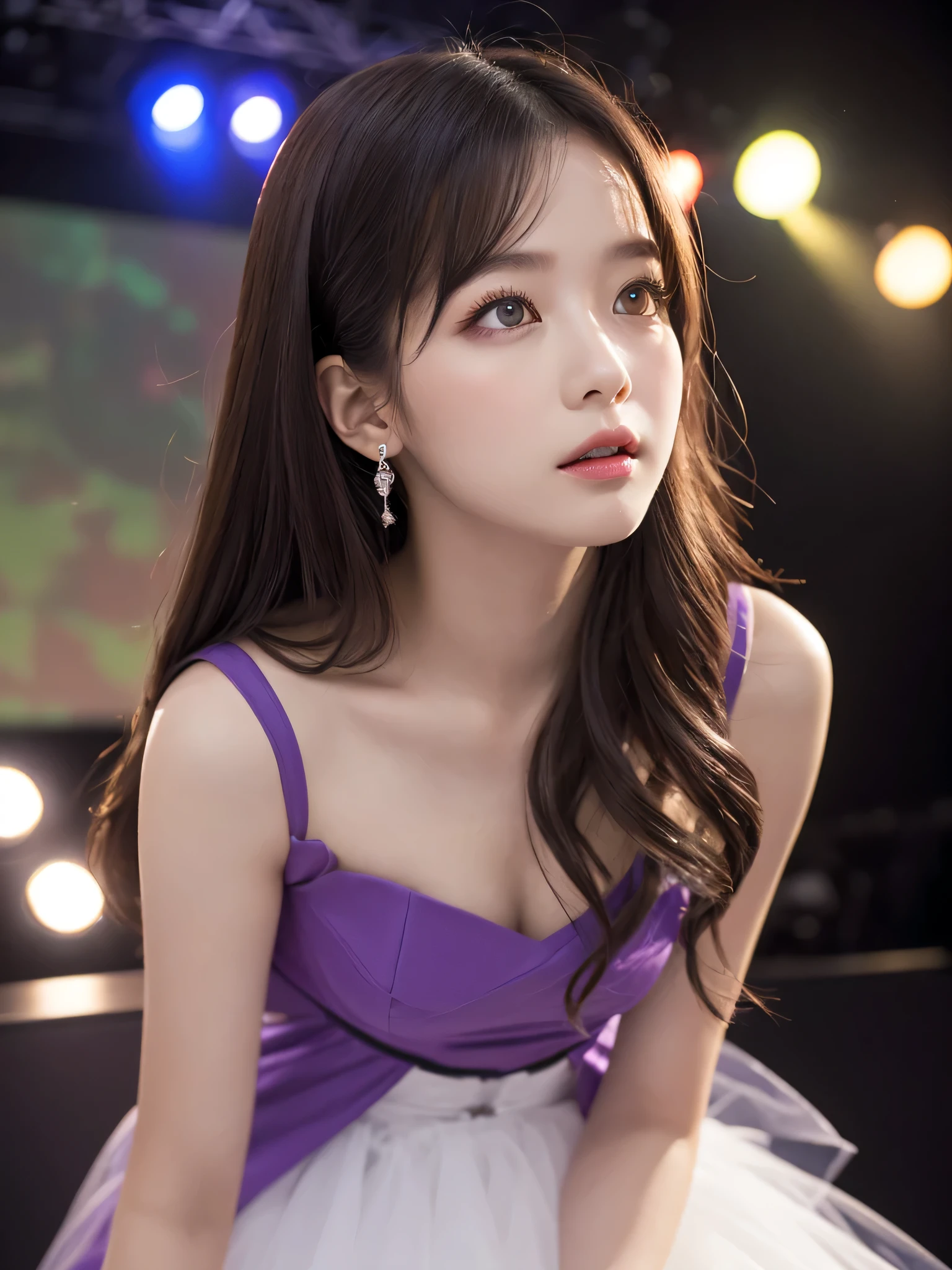 (sfw:1.5)、 sun flareWhite base with purple-red fluttering costume、tulle skirt、28 years old, perform on stage, concert photos, cute core、(((watching the audience)))、shooting from above、(Natural and detailed face standing、beautiful and detailed eyes、beautiful and dense lips、very detailed eyes、detailed face、long eyelashes)(8K resolution)、High resolution、masterpiece:1.2 )、Super detailed、(real、photorealistic、photorealistic: 1.37)、bob hair、belle delphine、dress、8K、fantastic lighting、bright colors、standing position、(((Gazing at the viewer)))