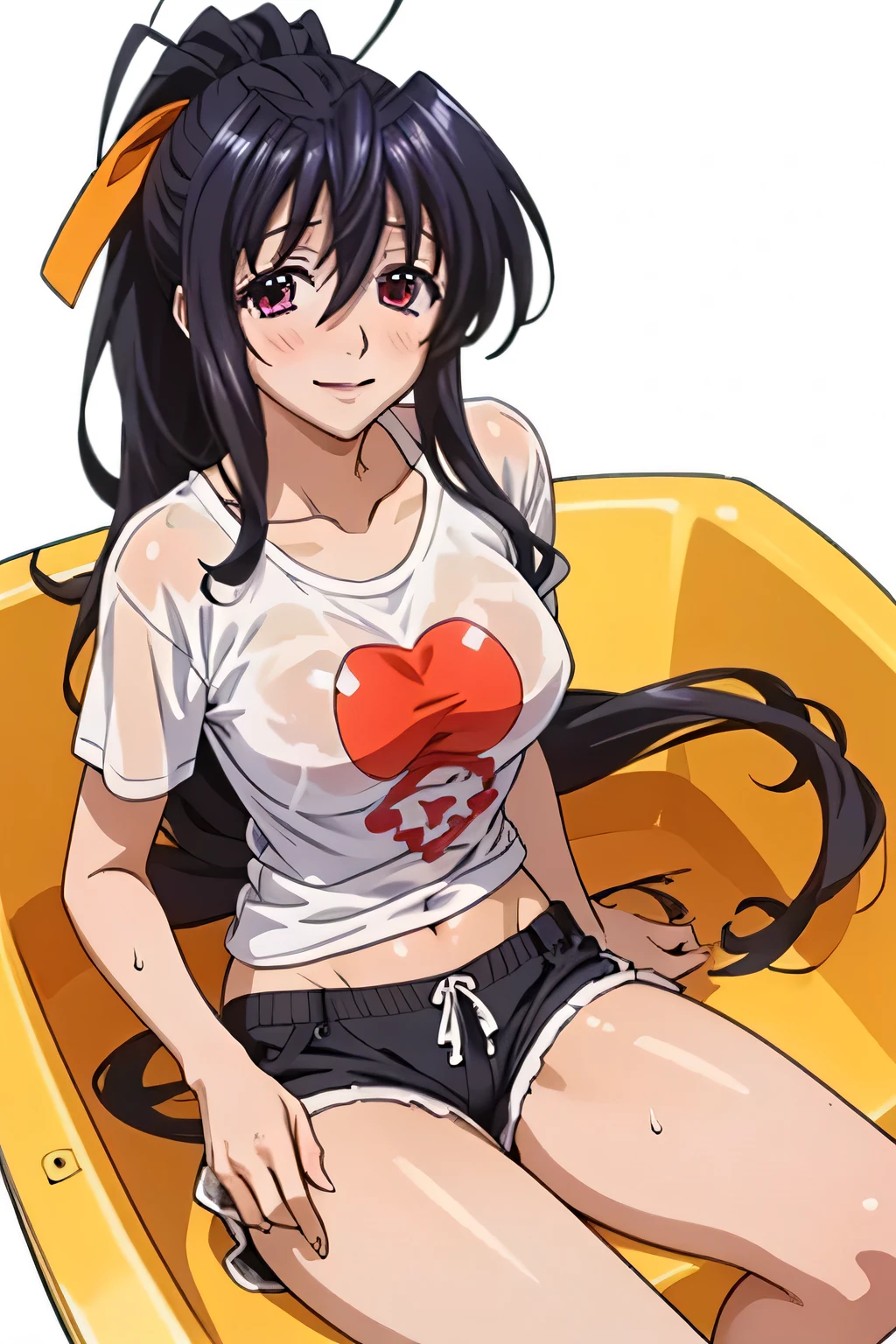 Himejima Akeno、Long Hair、(draw the eyes:1.2)、one person
、blush、smile
、(You can see her chest)
、(Butt Exposed)
、Soaking wet
、Sit down
、(Shorts)、(T-Shirts)
、(highest quality)
、(Fine skin:1.3)


