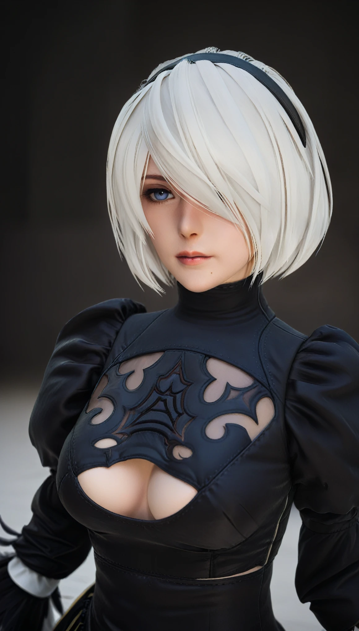 nier:Beautiful cosplay of 2B from Automata、2B、A woman cosplaying as 2B、White skin、tall、Great style、Big Breasts、Small face、High nose、Sharp Eye、Beautiful Face、Beautiful face、30 years old、British women、Half British、nier:2B&#39;s black costume from Automata、Light background、Blur the background、Fantasyな都市を背景に、pose、strong looking woman、Shooting from a diagonal angle、masterpiece、highest quality、high resolution、Cosplayer Photos、Professional Photos、Fantasy、Glaring at the camera、Cosplay makeup style、Real Cosplay Photo、Cool and beautiful photos、Portrait、Wrapped in a pale white glow、like、happiness、Kindness