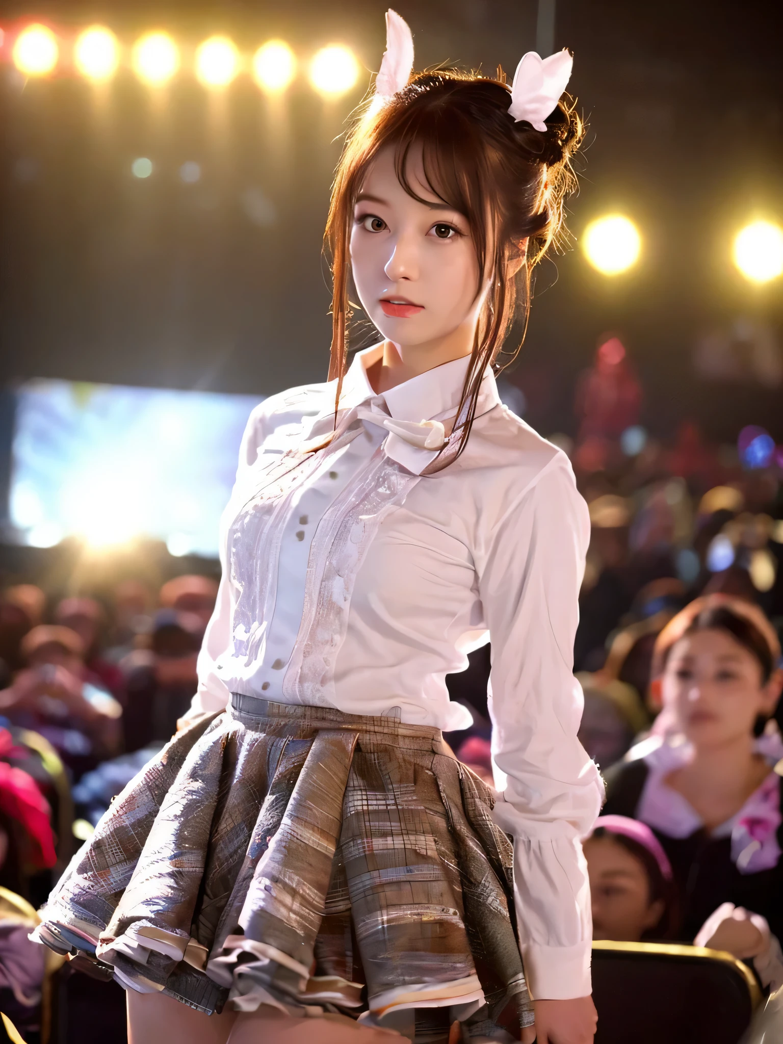 White base with purple-red fluttering costume、tulle skirt、23 years old, perform on stage, concert photos, cute core、(((watching the audience)))、23 years old、Mei Nagano、shooting from above、(Natural and detailed face standing、beautiful and detailed eyes、beautiful and dense lips、very detailed eyes、detailed face、long eyelashes)(8K resolution)、High resolution、masterpiece:1.2 )、Super detailed、(real、photorealistic、photorealistic: 1.37)、bob hair、belle delphine、dress、8K、fantastic lighting、bright colors、standing position
