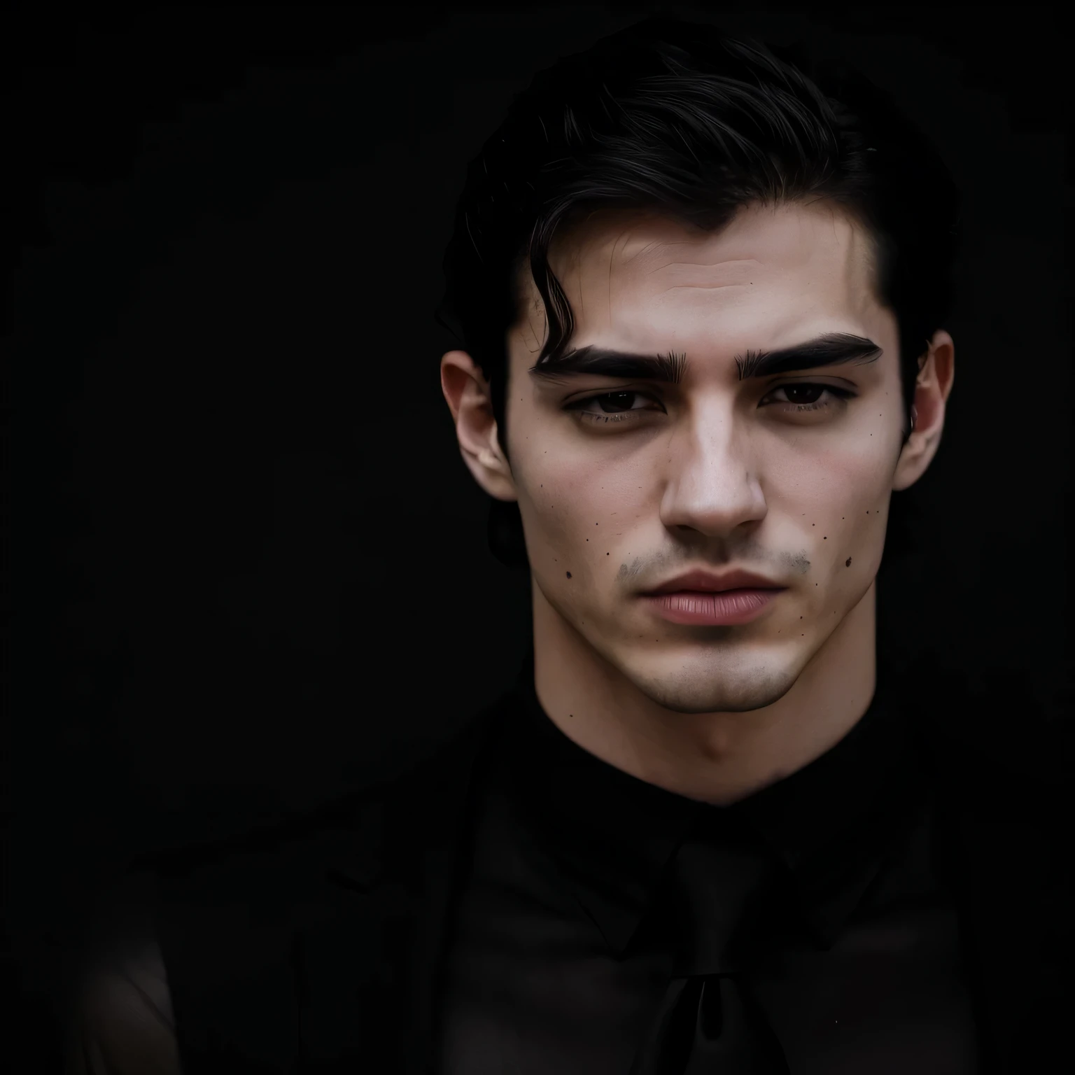 arafed image of a man with a black shirt and tie, steven klein, male model, inspired by Galen Dara, young handsome pale roma, androgynous male, brooding, aykut aydogdu, beautiful androgynous prince, androgynous person, tom bagshaw and tom richmond, delicate androgynous prince, male vampire, high quality portrait