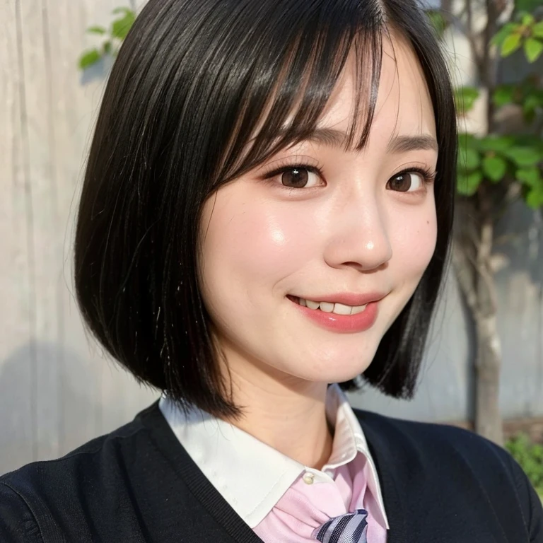 (kawaii 24year-old Japanese girl, Nogizaka idol, Korean idol), (glossy black hair, medium bob cut:1.3), (rounded face, black eyes, single eyelid, no makeup, big laughing:1.2), (wearing light pink collared shirt, necktie:1.3), (flat chest, extra small breasts:0.8), (looking at something out of frame:1.2), BREAK, (sunny day outside background:1.3), (vertical shot, profile, close shot:1.3), BREAK, (masterpiece, best quality, photo realistic, official art:1.4), (UHD, 8K quality wallpaper, high resolution, raw photo, golden ratio:1.2), (shiny skin), professional lighting, physically based rendering, award winning, (perfect anatomy, highly detailed skin, extremely detailed face and eyes), Carl Zeiss 85 mm F/1.4, depth of field, 1girl, solo,