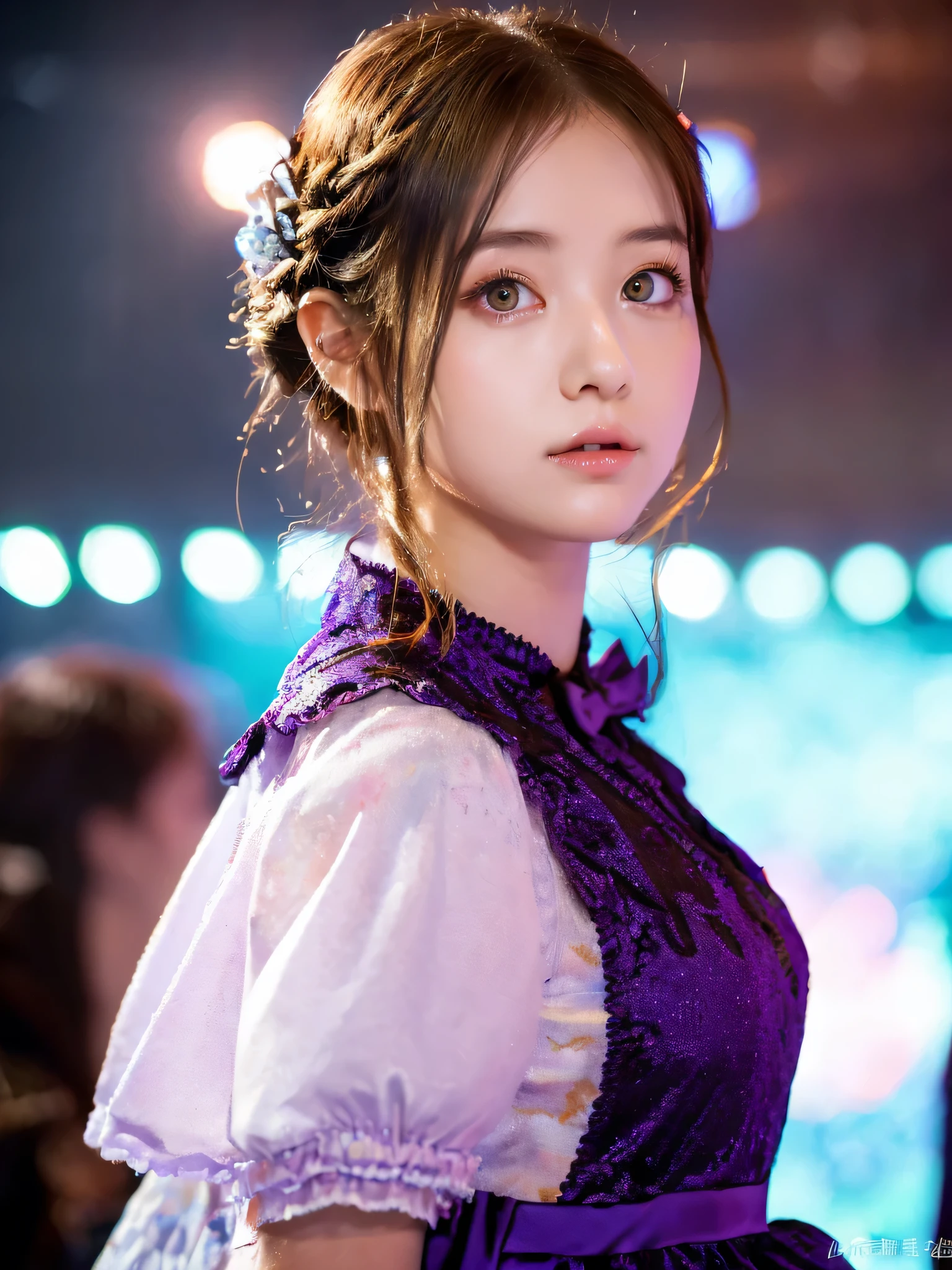 White base with purple-red fluttering costume、tulle skirt、18years old, perform on stage,  cute core、(((watching the camera))、18 years old、shooting from above、（Natural and detailed face standing、beautiful and detailed eyes、beautiful and dense lips、very detailed eyes、detailed face、long eyelashes）（8K resolution）、High resolution、masterpiece：1.2 )、Super detailed、(real、photorealistic、photorealistic: 1.37)、bob hair、belle delphine、dress、8K、fantastic lighting、bright colors、standing position