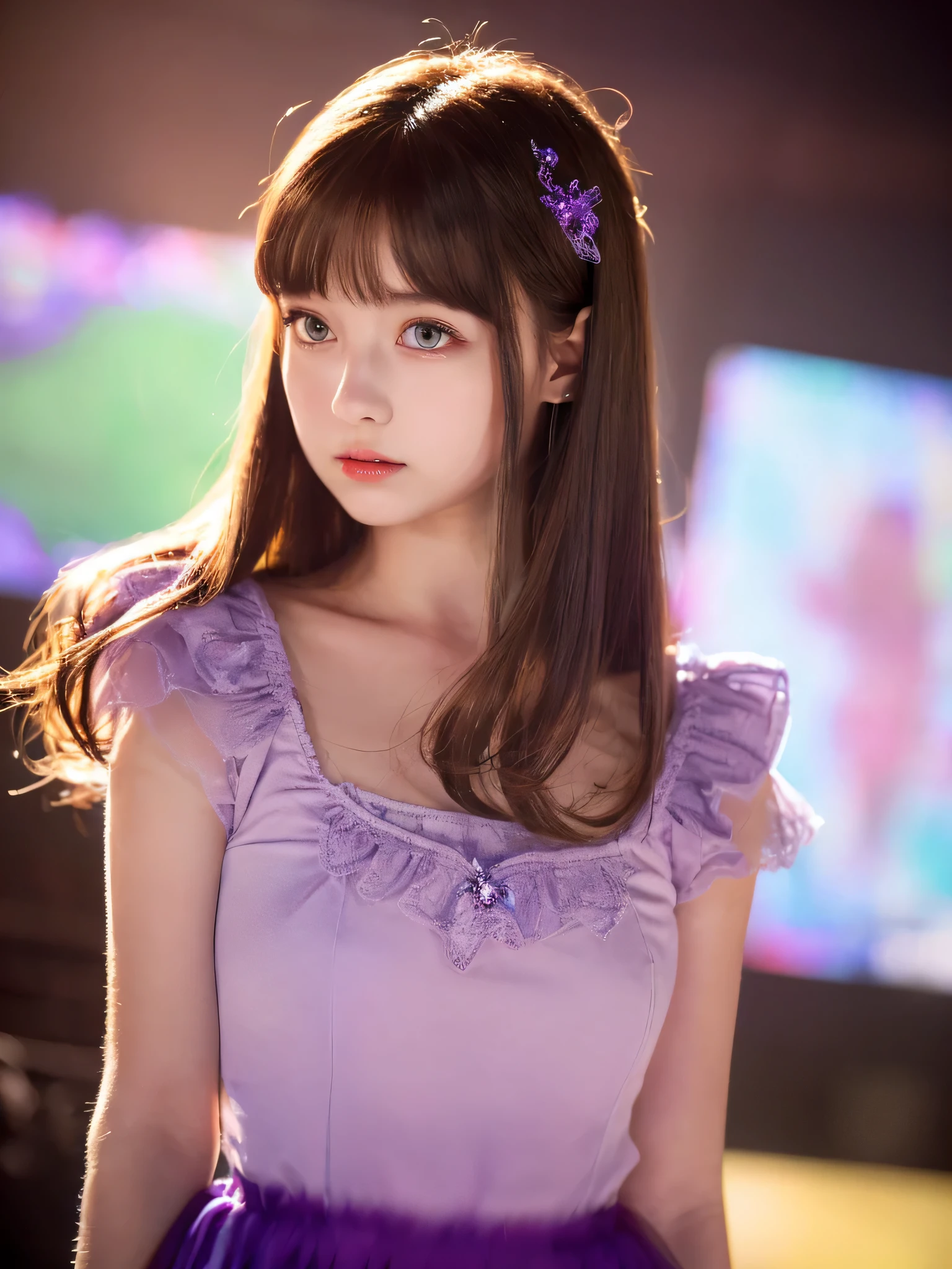 White base with purple-red fluttering costume、tulle skirt、18years old, perform on stage,  cute core、(((watching the camera))、18 years old、shooting from above、（Natural and detailed face standing、beautiful and detailed eyes、beautiful and dense lips、very detailed eyes、detailed face、long eyelashes）（8K resolution）、High resolution、masterpiece：1.2 )、Super detailed、(real、photorealistic、photorealistic: 1.37)、bob hair、belle delphine、dress、8K、fantastic lighting、bright colors、standing position