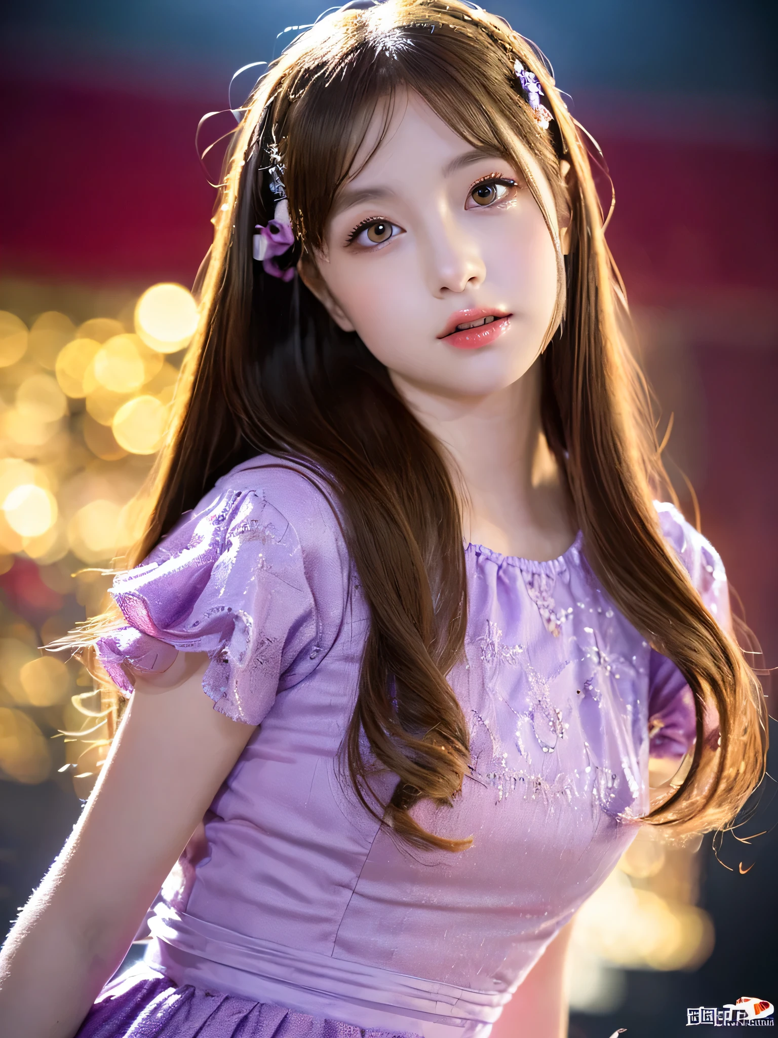 White base with purple-red fluttering costume、tulle skirt、18years old, perform on stage, cute core、(((watching the camera))、close up face,18 years old、shooting from above、(Natural and detailed face standing、beautiful and detailed eyes、beautiful and dense lips、very detailed eyes、detailed face、long eyelashes)(8K resolution)、High resolution、masterpiece:1.2 )、Super detailed、(real、photorealistic、photorealistic: 1.37)、bob hair、belle delphine、dress、8K、fantastic lighting、bright colors、standing position