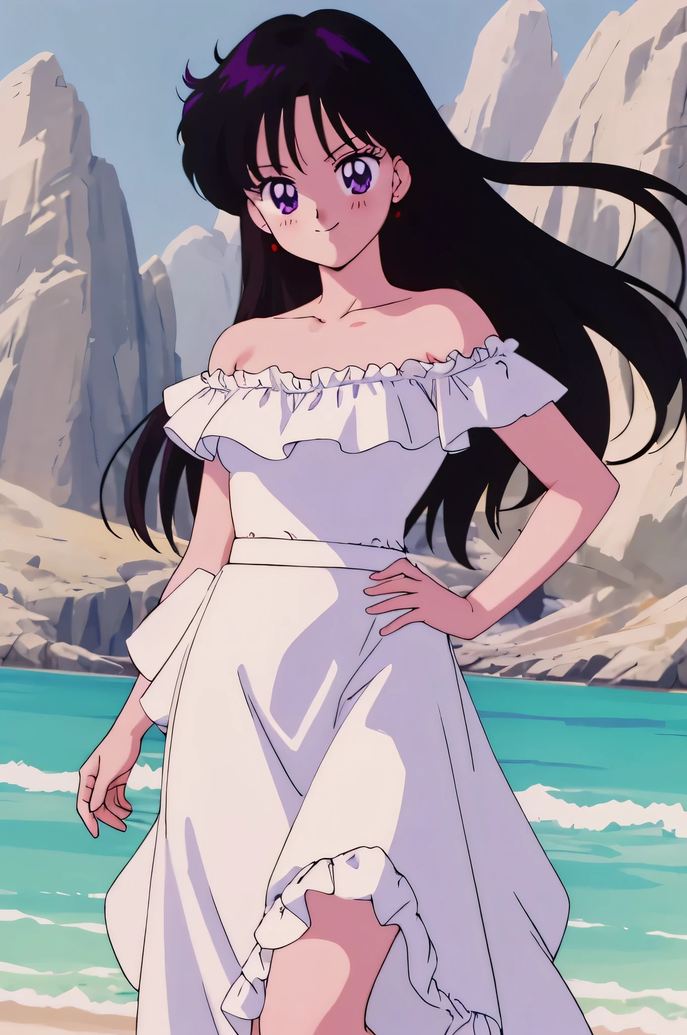 (retro anime girl:1.2), (white dress:1.1), (masterpiece:1.2), (best quality), (ultra detailed), (8k,4k), (half body:1.2), (cowboy:1.2), (close up:1.2), (highly detailed:1.2), (Ruffle Off-the-shoulder top:1.4), (Maxi skirt:1.4), Rei Hino, 1 girl, solo, Best quality, masterpiece, High Definition, Teenager, Purple Eyes, Beautiful Detail Eyes, Black Hair, Long Hair, Good hands at sides, Smile, Blushing, Bare Neck, Bare Arms, Bare Shoulders, short sleeve, Strapless, White Ruffle Off-the-Shoulder Top, White Off-the-shoulder Dress, White maxi dress, walking on the beach with bare feets, Background, blue skies, Close up,