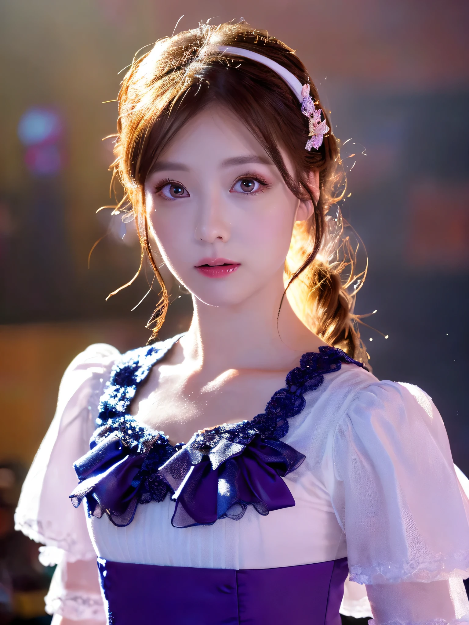 White base with purple-red fluttering costume、tulle skirt、28years old, perform on stage, cute core、(((watching the camera))、close up face,28 years old、shooting from above、(Natural and detailed face standing、beautiful and detailed eyes、beautiful and dense lips、very detailed eyes、detailed face、long eyelashes)(8K resolution)、High resolution、masterpiece:1.2 )、Super detailed、(real、photorealistic、photorealistic: 1.37)、bob hair、belle delphine、dress、8K、fantastic lighting、bright colors、standing position