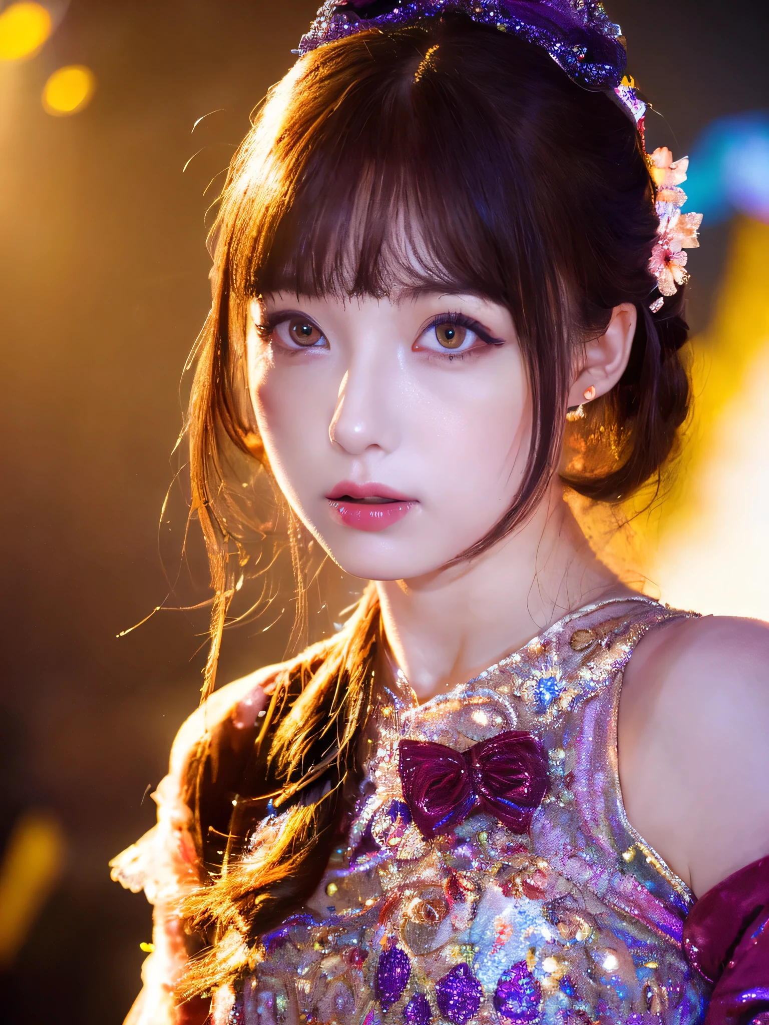 White base with purple-red fluttering costume、tulle skirt、28years old, perform on stage, cute core、(((watching the camera))、close up face,28 years old、shooting from above、(Natural and detailed face standing、beautiful and detailed eyes、beautiful and dense lips、very detailed eyes、detailed face、long eyelashes)(8K resolution)、High resolution、masterpiece:1.2 )、Super detailed、(real、photorealistic、photorealistic: 1.37)、bob hair、belle delphine、dress、8K、fantastic lighting、bright colors、standing position