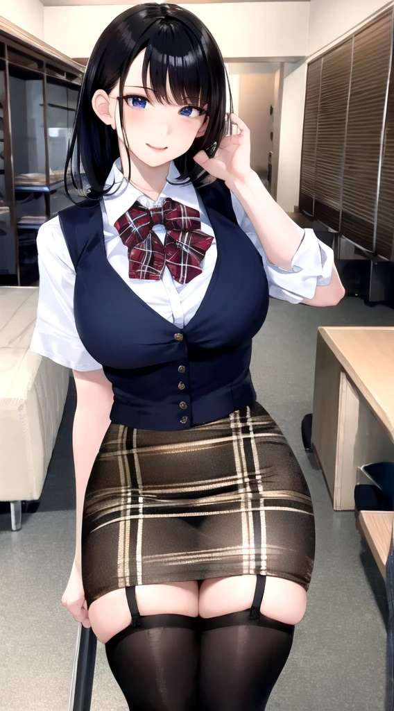 (Masterpiece), (Best Quality), Intricate Detail, 1girl, Solo Focus, Skindentation, Perfect Face, Beautiful Face,Sharp, Sharp, High Quality, f(ACE),
Office Lady, Tight Pencil Skirt, (Plaid Vest), Black Hair, Random Hairstyle, Company, Office Room, Work, Full Body, looking_at_viewer, Black Stockings, Mini Skirt, Garter Belt, Dark Lips,