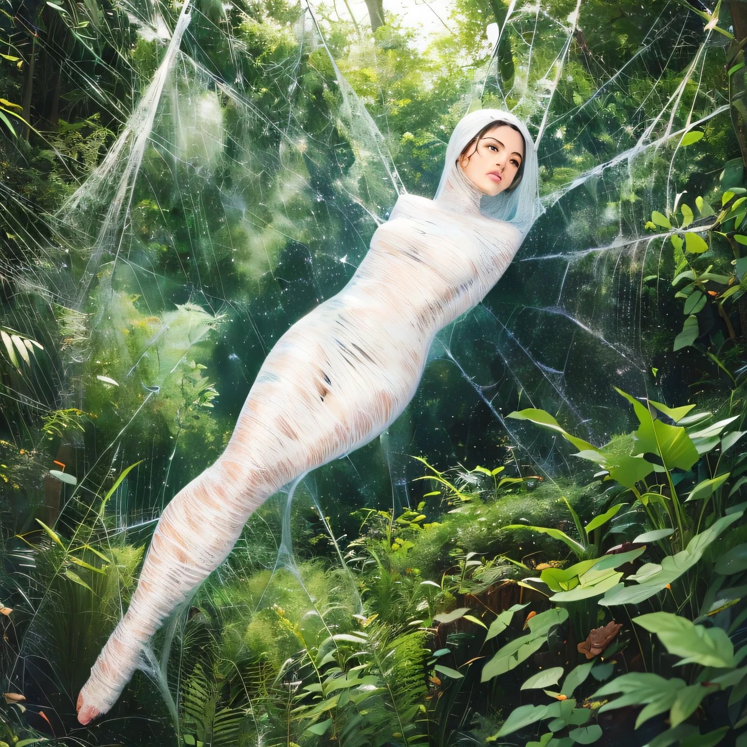 (a) fairy, beautiful,detailed wings, detailed dress, detailed face, (highres:1.2), (realistic:1.37)
medium: oil painting,spider web
(a) girl, trapped, hanging, (best quality, 8k, highres:1.2), (realistic, photo-realistic: 1.37)
spider web, dense, delicate, intricate
(garden) plants, flowers, vibrant colors
(light) soft, ethereal, sunlight filtering through the trees
(d) cobweb, sticky strands, shimmering
(cocoon) silk, translucent, wrapped tightly