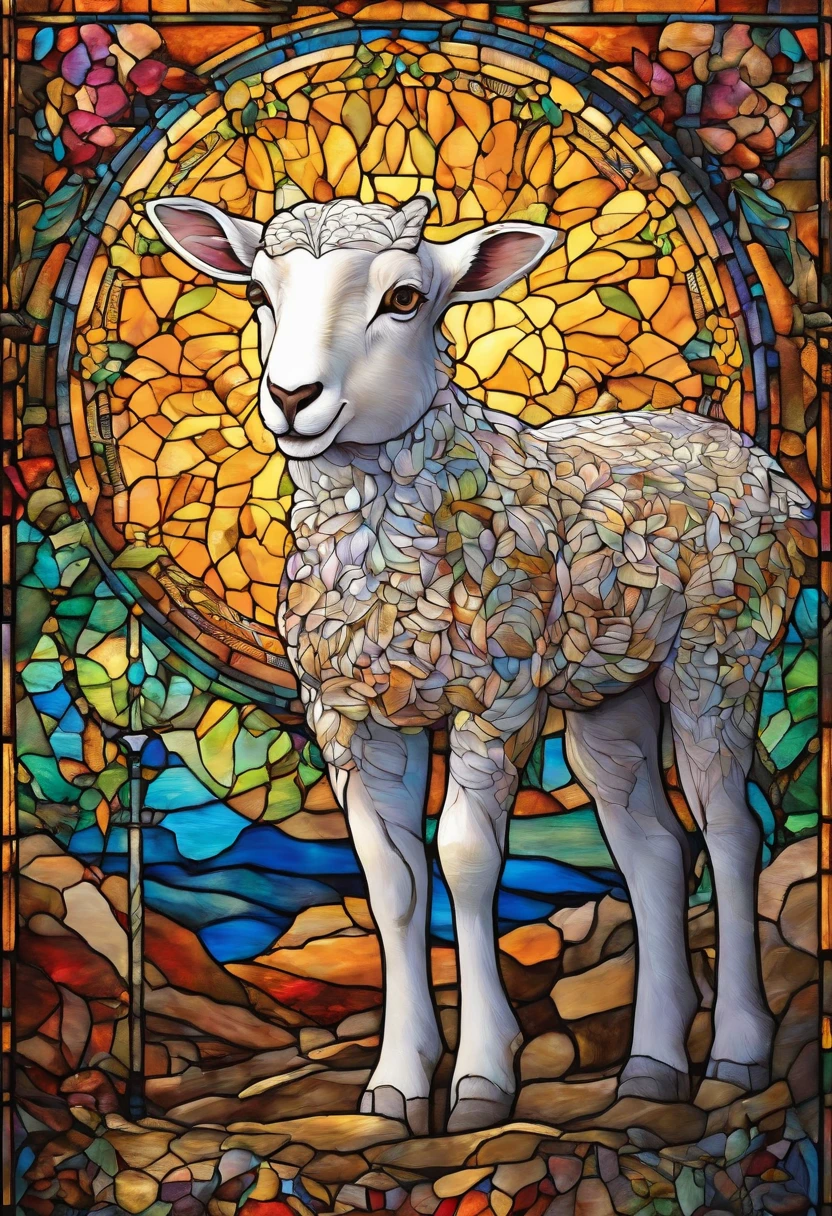 (best quality,4k,8k,highres,masterpiece:1.2),ultra-detailed,(realistic,photorealistic,photo-realistic:1.37), A hornless lamb, seen in profile, lying on its side, has quite a few wounds on its body, and blood on its wounds. Well-defined, multicolored patterns; opacity at the ends, clarity at the center, luminous colors, vibrant tones, fine details, glass texture, light shining through the window, divine atmosphere, shadows and reflections, artistic interpretation, stained glass art, richly detailed design, impact dazzling visual, traditional craftsmanship, meticulous craftsmanship, fascinating patterns, translucent beauty, varied color palette, illuminated artworks, serene atmosphere, ethereal glow, subtle gradations, brilliant luminosity, transcendent aura, intricate motifs, captivating art, divine light, tranquility relaxing, elegant contours, dynamic composition, harmonious balance, emotional depth, symbolic representation, impressive spectacle, peaceful contemplation.