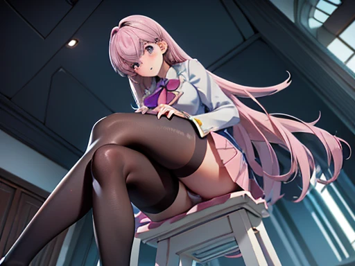 nsfw:1.4, full body, Finest, masterpiece, high definition, (full body), frontal, symmetrical, mature high school girl, solo, (full body from head to toe), small breasts, long hair, slightly messy hair, (black tights), ( (black pantyhose), black pantyhose, (composition where she is made to sit and lift her legs and make her legs open), composition showing white panties, slender beautiful legs, a very beautiful 17-year-old girl (not wearing shoes) legs), blushing, shy big eyes, messy hair, looking at camera, showing white panties, white frilly lingerie, high  blazer, high  White blouse, high with blue ribbon, high with short plaid pattern and navy pleated skirt
Giantess, anime giantess, huge breasts, light pink hair, long hair, purple eyes, mature girl, low angle, viewed from below, purple eyes, anime, regal, elegant, confident, , crouching down, slim legs, drill hair, light blue blazer, red necktie, black headband, pleated skirt, gray skirt, beautiful girl, lovely girl, best quality, indoors, high school, white button up shirt, very light blue blazer, crouching down, short bangs, microbangs, light coloured blazer, drill curls, drill curl hair, crouched, crouching, sharp eyes, mature girl, short bangs, very short bangs, extremely short bangs, short fringe, crouching over viewer, low shot, crouching position, viewed from below, elegant clothing, low angle, ant’s eye pov