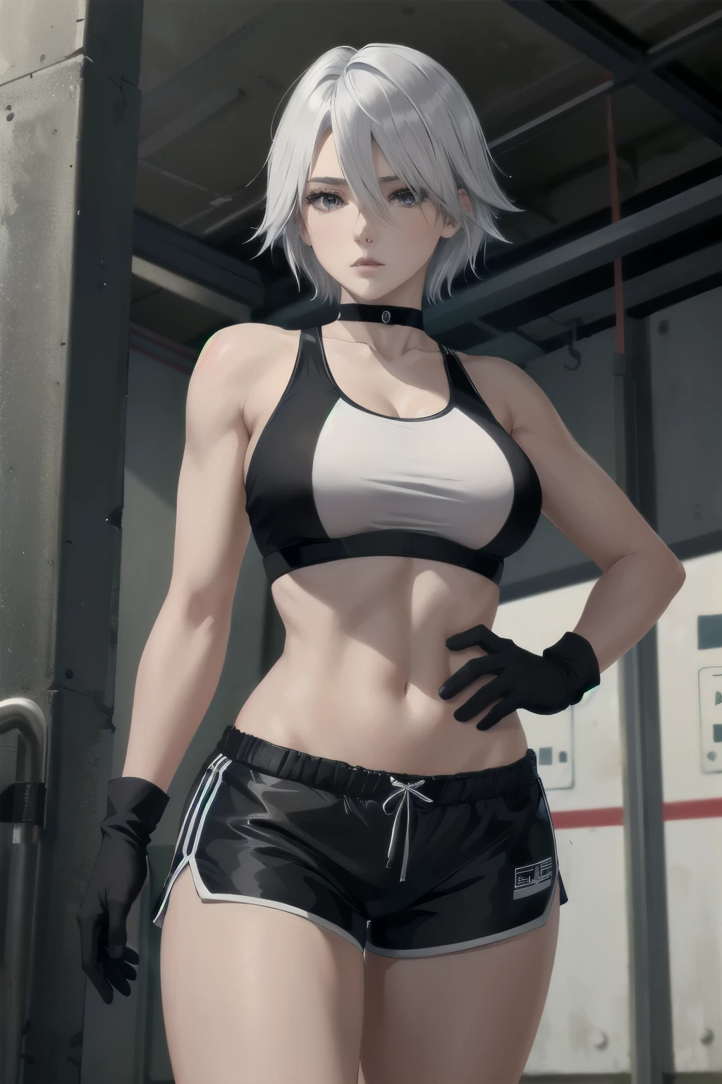 ((ultra detailed, masterpiece, absurdres))
DOAChristie, 1girl, short hair, white hair, purple eyes, tall Woman, in training wears, choker, black choker, Sport bra, white shirt, black trim, sport shorts, black shorts, training gloves, black gloves,