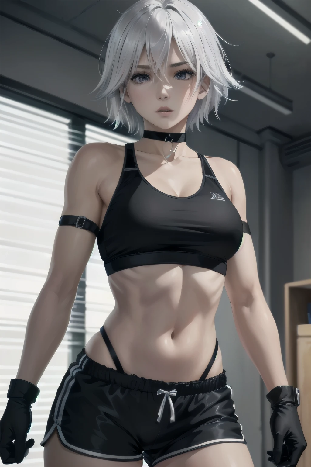 ((ultra detailed, masterpiece, absurdres))
DOAChristie, 1girl, short hair, white hair, purple eyes, in training wears, choker, black choker, Sport bra, white shirt, black trim, sport shorts, black shorts, training gloves, black gloves,