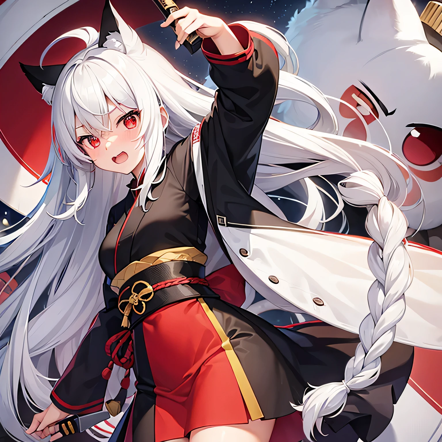 female,Japanese,White-haired high school student,knife,Long hair,Red eyes,Japanese style,Embarrassed,Cat ear