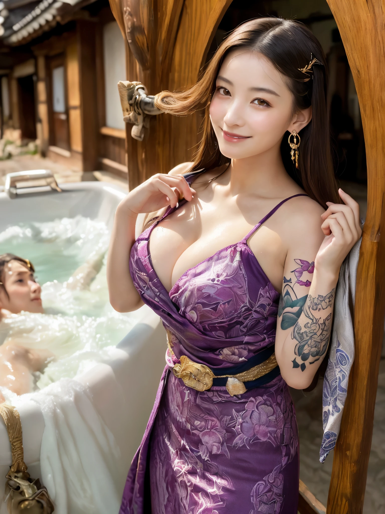 (sfw:1.5)、High resolution symmetrical images, Girl and Horihada, Yakuza, Japanese Mafia, Movie photo of Japanese cartel leader with tattoos on waist, chest and arms, Cleavage、(((Full body tattoos)))、 (Lotus tattoo)、 ((Close-up chest, Underarm, 胸のAngle from below)), Blonde braids, short hair, ((Art Nouveau)), (Ecstasy Face), (Alphonse Mucha), Small earrings, ((on the road, wood, Buildings in medieval Europe)), Angle from below、(Anatomically correct)、(Perfect body proportions)、(Natural Hands、Natural Fingers)、(Breast Goddess, Woman born from flowers, ((Round face)), Realistic Eye Size, Droopy eyes, smile,I'm bathed in dazzling light