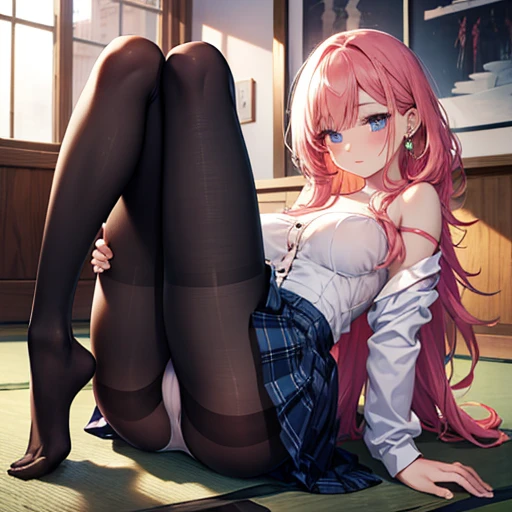 nsfw:1.4, full body, Finest, masterpiece, high definition, (full body), frontal, symmetrical, mature high school girl, solo, (full body from head to toe), small breasts, long hair, slightly messy hair, (black tights), ( (black pantyhose), black pantyhose, (composition where she is made to sit and lift her legs and make her legs open), composition showing white panties, slender beautiful legs, a very beautiful (not wearing shoes) legs), blushing, shy big eyes, messy hair, looking at camera, showing white panties, white frilly lingerie, high blazer, high White blouse, high with blue ribbon, high with short plaid pattern and navy pleated skirt
Realistic and detailed image of a girl dressed in an off-shoulder blouse and pleated mini skirt. She has long wavy pinkish red hair. Light blue eyes. She has earrings, long eyelashes. She has full lips, medium breasts, slim waist, very wide hips and thick thighs. breast view, panty view. Back arched. She is kneeling on a tatami mat with rays of the sun at sunset.