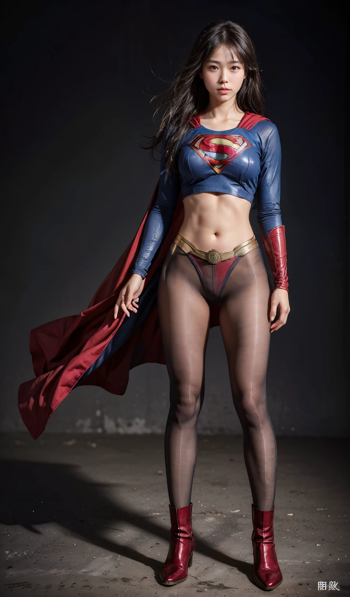 No background、(((Beautiful legs in black tights.)))、(((Legally express the beauty of your smile)))、((((Make the most of your original images)))、(((Supergirl Costume)))、(((Beautiful Hair)))、(((suffering)))、(((Please wear black tights....、Wear red boots)))、((Best image quality、8K))、((highest quality、8K、masterpiece:1.3))、(((Preserve background )))、Sharp focus:1.2、Beautiful woman with perfect figure:1.4、Thin abdominal muscles:1.2、Wet body:1.5、Highly detailed face and skin texture、8K
