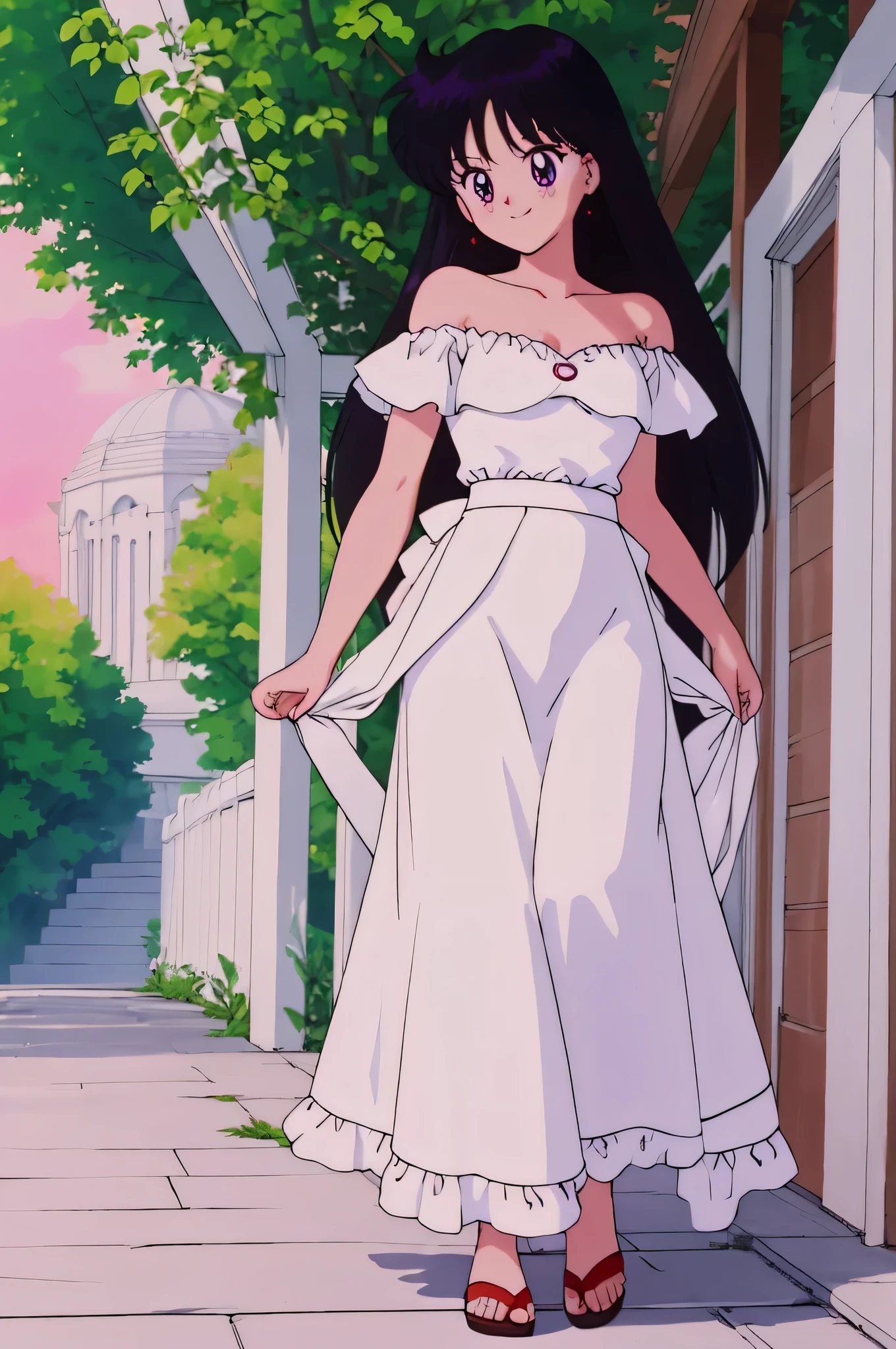 (retro anime girl:1.2), (white dress:1.1), (masterpiece:1.2), (best quality), (ultra detailed), (8k,4k), (half body:1.2), (cowboy:1.2), (close up:1.2), (highly detailed:1.2), (Ruffle Off-the-shoulder top:1.4), (Maxi skirt:1.4), Rei Hino, 1 girl, solo, Best quality, masterpiece, High Definition, ager, Purple Eyes, Beautiful Detail Eyes, Black Hair, Long Hair, Good hands at sides, Smile, Blushing, Bare Neck, Bare Arms, Bare Shoulders, short sleeve, Strapless, White Ruffle Off-the-Shoulder Top, White Off-the-shoulder Dress, White maxi dress, walking in the garden with bare feets, garden, sunset skies, rose bushes, outdoor gazebo