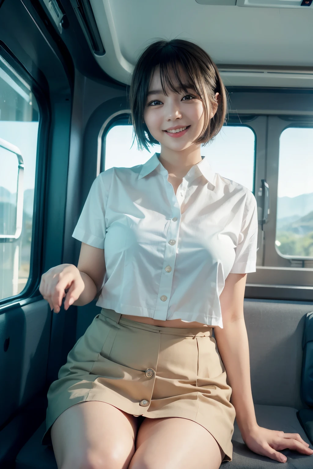 highest quality, masterpiece, Ultra-high resolution, (Reality: 1.4), Original photo, One girl, mature, White JK Uniform, happy smile, short hair, large chest , plump body, button gap:1.35, sitting on seat in train, open legs, Cinema Lighting, Landscape sheet, The view from the train window