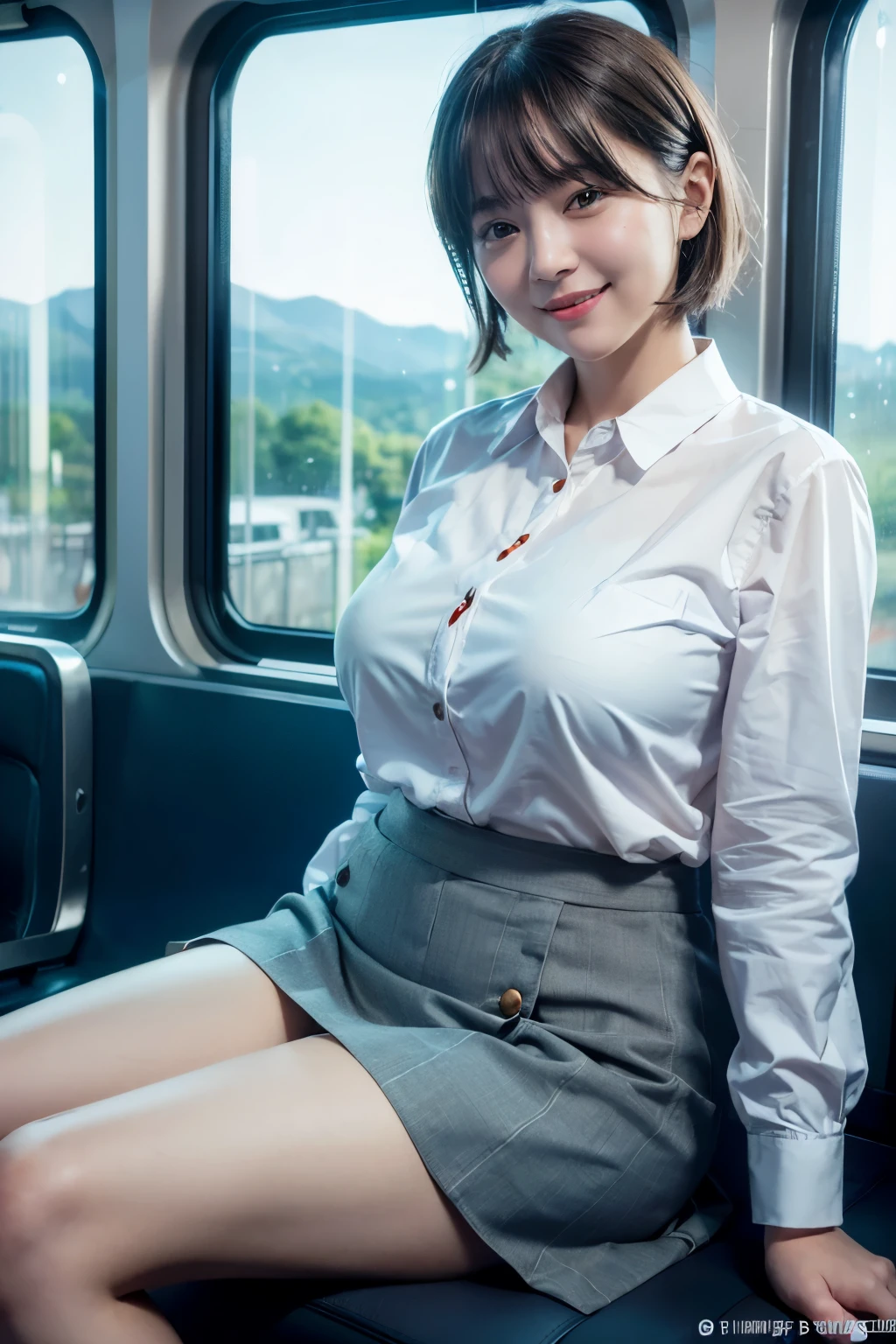 highest quality, masterpiece, Ultra-high resolution, (Reality: 1.4), Original photo, One girl, mature, White JK Uniform, happy smile, short hair,  large chest , plump body, button gap:1.35, sitting on seat in train,  Cinema Lighting, Landscape sheet、   The view from the train window