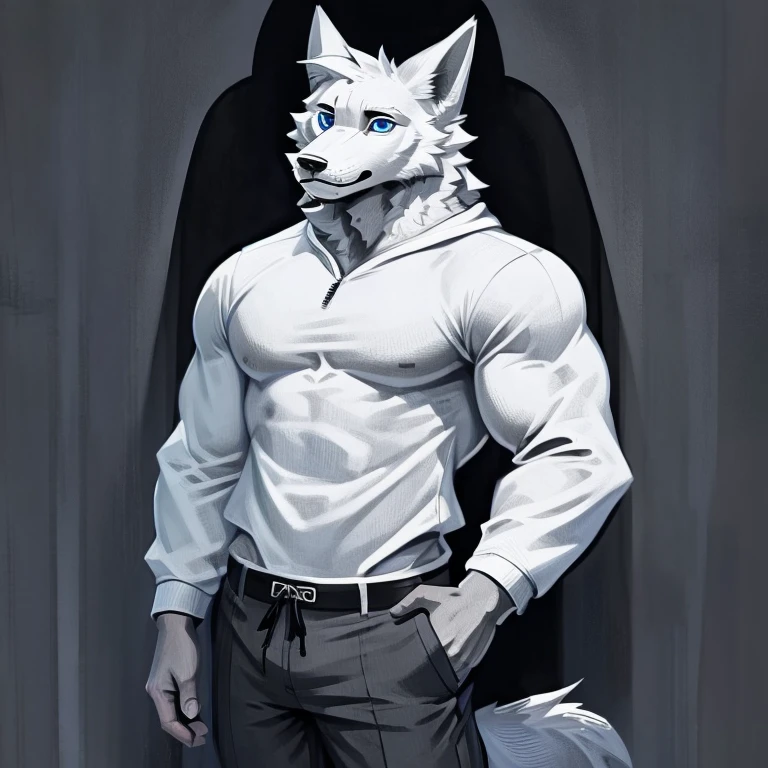 White and gray wolf illustration、Professional Technology、pelaje suave y esponjoso、gente masculina、sudadera gris con capucha 、Blue eyes、pantalones largos negros、normal physique、edad19、ojos pesados 、sin Ropa、Illustration of only the upper body from the waist up.、garabatear