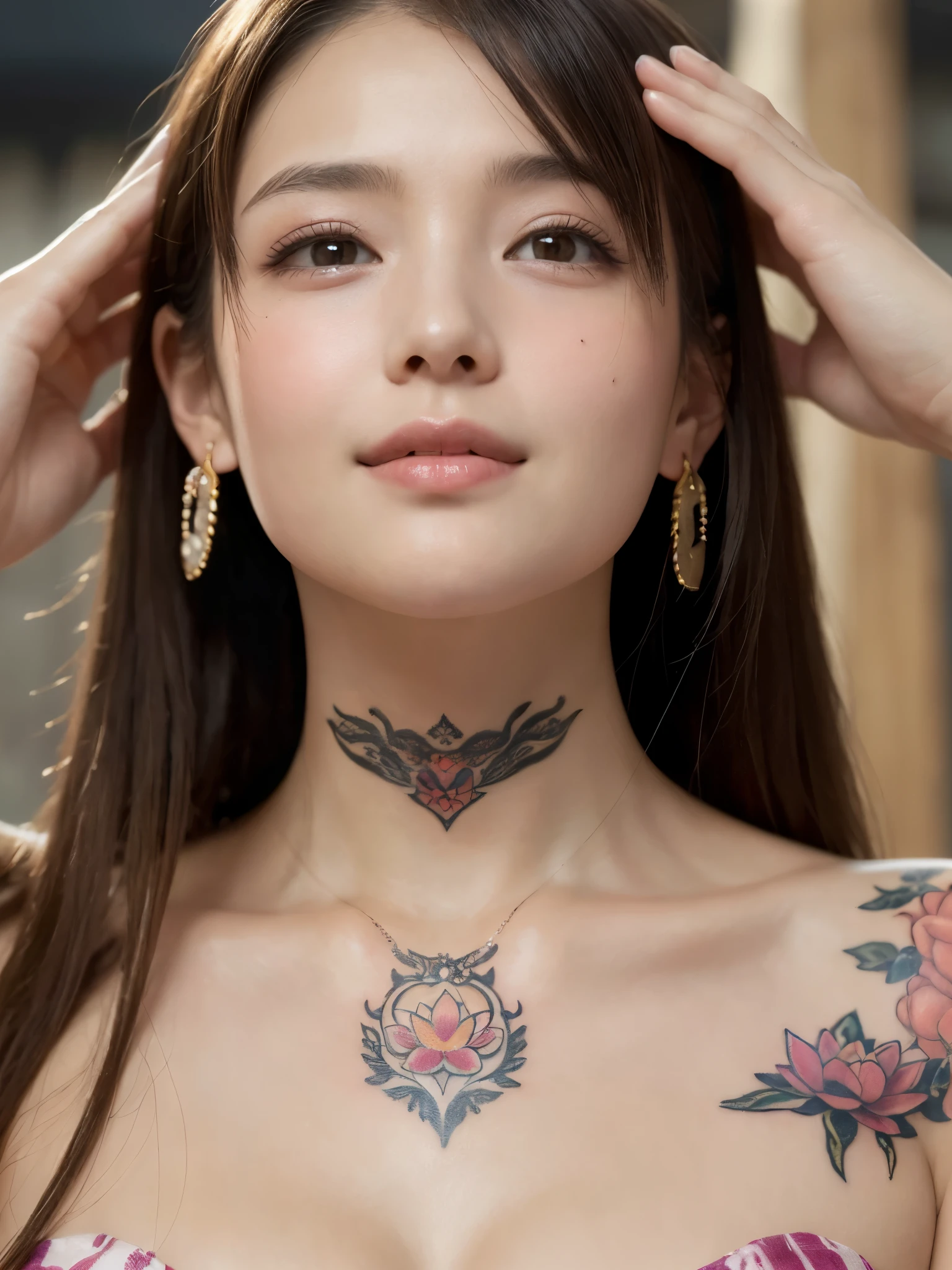 (sfw:1.5)、High resolution symmetrical images, Girl and Horihada, Yakuza, Japanese Mafia, Movie photo of Japanese cartel leader with tattoos on waist, chest and arms, Cleavage、((Close-up face:1.8))、Upper body portrait、(((Full body tattoos)))、 (Lotus tattoo)、 ((Close-up chest:1.5, Underarm, 胸のAngle from below)), Blonde braids, short hair, ((Art Nouveau)), (Ecstasy Face), (Alphonse Mucha), Small earrings, ((on the road, wood, Buildings in medieval Europe)), Angle from below、(Anatomically correct)、（Perfect body proportions)、(Natural Hands、Natural Fingers)、(Breast Goddess, Woman born from flowers, ((Round face)), Realistic Eye Size, Droopy eyes, smile,I&#39;m bathed in dazzling light