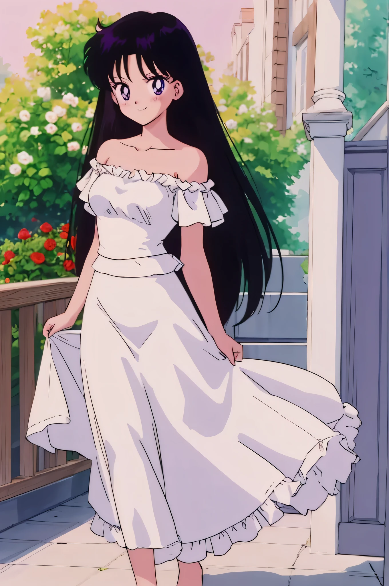 (retro anime girl:1.2), (white dress:1.1), (masterpiece:1.2), (best quality), (ultra detailed), (8k,4k), (half body:1.2), (cowboy:1.2), (close up:1.2), (highly detailed:1.2), (Ruffle Off-the-shoulder top:1.4), (Maxi skirt:1.4), Rei Hino, 1 girl, solo, Best quality, masterpiece, High Definition, Teenager, Purple Eyes, Beautiful Detail Eyes, Black Hair, Long Hair, Good hands at sides, Smile, Blushing, Bare Neck, Bare Arms, Bare Shoulders, short sleeve, Strapless, White Ruffle Off-the-Shoulder Top, White Off-the-shoulder Dress, White maxi dress, walking in the garden with bare feets, looking at viewers, garden, sunset skies, rose bushes, outdoor gazebo