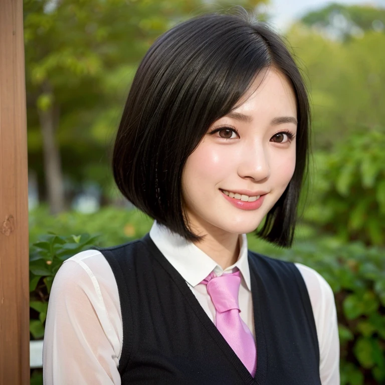 (kawaii 24year-old Japanese girl, Nogizaka idol, Korean idol), (glossy black hair, medium bob cut:1.3), (rounded face, black eyes, single eyelid, no makeup, big laughing:1.2), (wearing light pink collared shirt, necktie:1.3), (flat chest, extra small breasts:0.8), (looking at something out of frame:1.2), BREAK, (sunny day outside background:1.3), (vertical shot, profile, close shot:1.3), BREAK, (masterpiece, best quality, photo realistic, official art:1.4), (UHD, 8K quality wallpaper, high resolution, raw photo, golden ratio:1.3), (shiny skin), professional lighting, physically based rendering, award winning, (perfect anatomy, highly detailed skin, extremely detailed face and eyes:1.2), Carl Zeiss 85 mm F/1.4, depth of field, 1girl, solo,