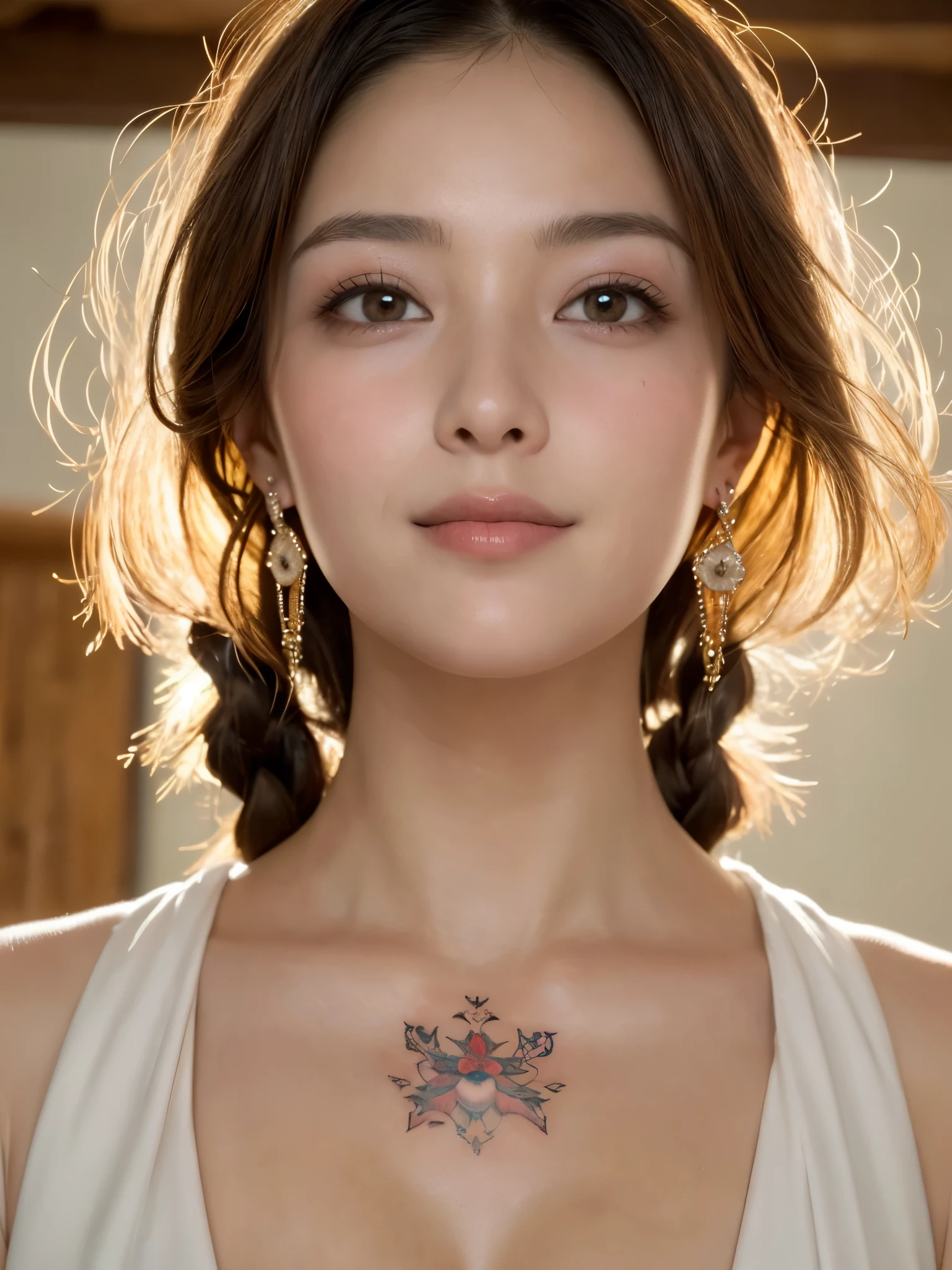 (sfw:1.5)、High resolution symmetrical images, Girl and Horihada, Yakuza, Japanese Mafia, Movie photo of Japanese cartel leader with tattoos on waist, chest and arms, Cleavage、((Close-up face:1.8))、Upper body portrait、(((Full body tattoos)))、 (Lotus tattoo)、 ((Close-up chest:1.5, Underarm, 胸のAngle from below)), Blonde braids, short hair, ((Art Nouveau)), (Ecstasy Face), (Alphonse Mucha), Small earrings, ((on the road, wood, Buildings in medieval Europe)), Angle from below、(Anatomically correct)、（Perfect body proportions)、(Natural Hands、Natural Fingers)、(Breast Goddess, Woman born from flowers, ((Round face)), Realistic Eye Size, Droopy eyes, smile,I&#39;m bathed in dazzling light