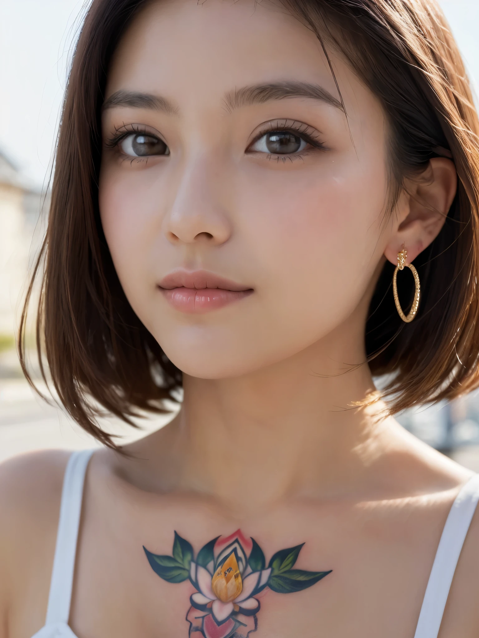 (sfw:1.5)、High resolution symmetrical images, Girl and Horihada, Yakuza, Japanese Mafia, Movie photo of Japanese cartel leader with tattoos on waist, chest and arms, Cleavage、((Close-up face:1.8))、Upper body portrait、(((Full body tattoos)))、 (Lotus tattoo)、 ((Close-up chest:1.5, Underarm, 胸のAngle from below)), Blonde braids, short hair, ((Art Nouveau)), (Ecstasy Face), (Alphonse Mucha), Small earrings, ((on the road, wood, Buildings in medieval Europe)), Angle from below、(Anatomically correct)、(Perfect body proportions)、(Natural Hands、Natural Fingers)、(Breast Goddess, Woman born from flowers, ((Round face)), Realistic Eye Size, Droopy eyes, smile,I'm bathed in dazzling light