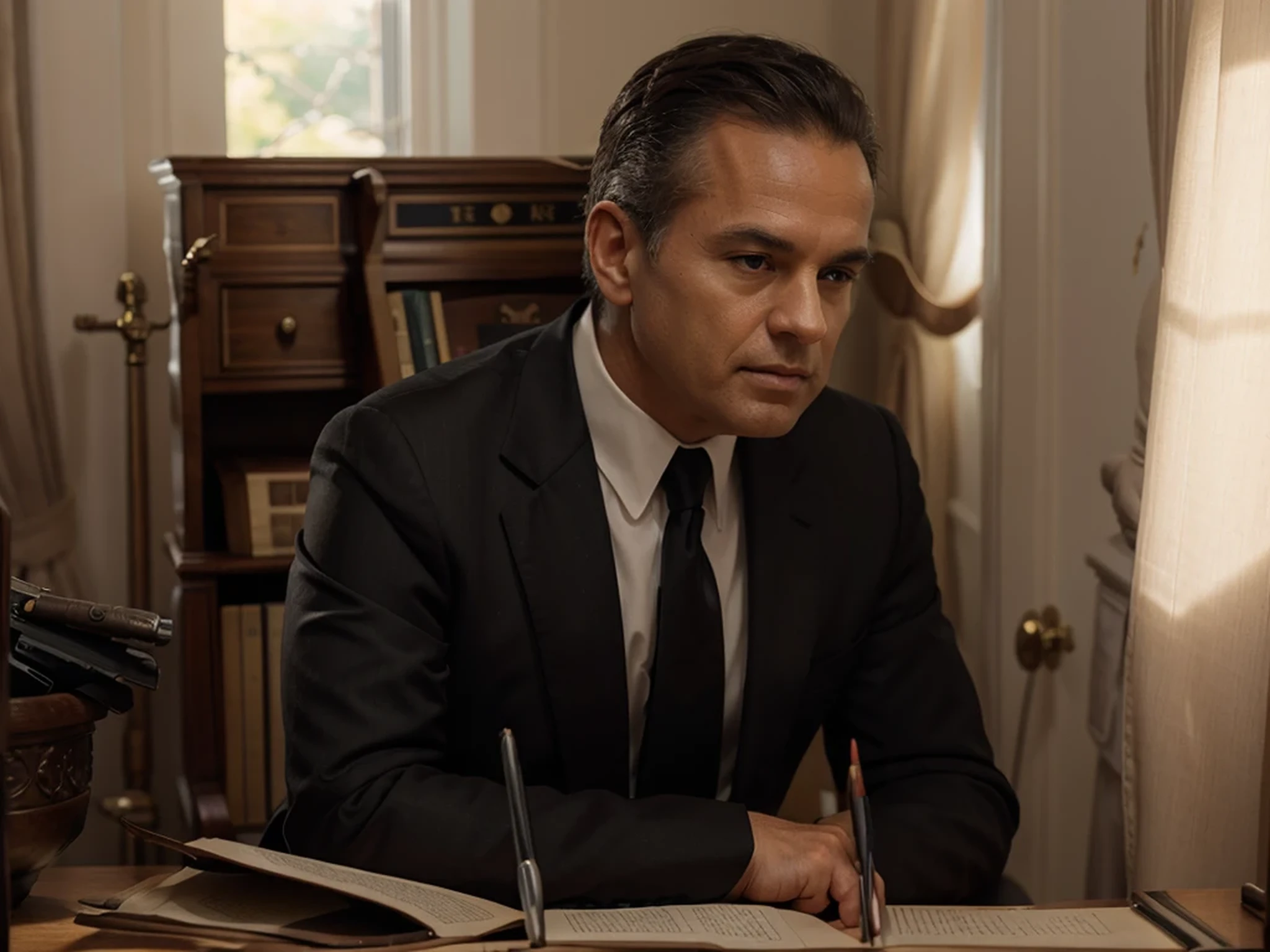 male president of the United States in the white house sitting, mature man of the United States, little hair, wide forehead, wears a formal suit, flag of the United States, desk with telephone, pencils and many reports, Ultra detailed, hyperrealistic, 4k , Ultra detailed image, realistic, Highly detailed, perfect composition, splendid, Intricately detailed, Incredibly detailed, 8 k artistic photography, hyper detailed, Masterpiece, Ultra detailed, hyper realistic, 4k , Ultra detailed image, realistic, Highly detailed, perfect composition , splendid, Intricately detailed, Incredibly detailed, 8 k artistic photography, hyper detailed, Masterpiece