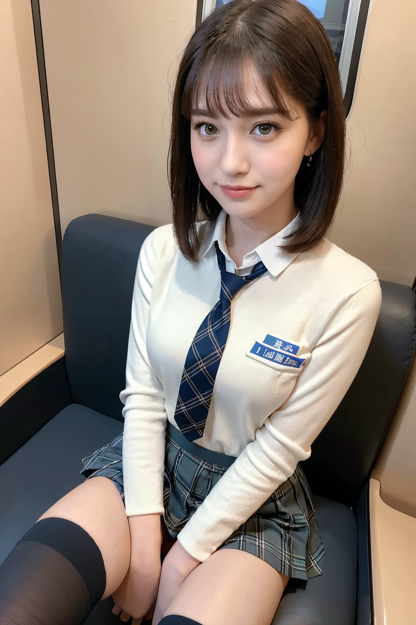 Photo quality,Masterpiece,Realistic,(Cute 16 year old Japanese sister:1.9),(Detailed young face:1.9),(Very embarrassed look:1.9),(Sit with your legs apart,Thin legs:1.9),(Seducing a man on the train:1.9),(Cute high school girl outfits:1.9),((Droopy eyes:1.9)),((Body type of a 16 year old girl,Small Tits:1.9)),(Cute school girl hairstyle:1.9),((Skinny Legs)),Very pale skin,Show your forehead,Detailed body,Detailed hands,No makeup
