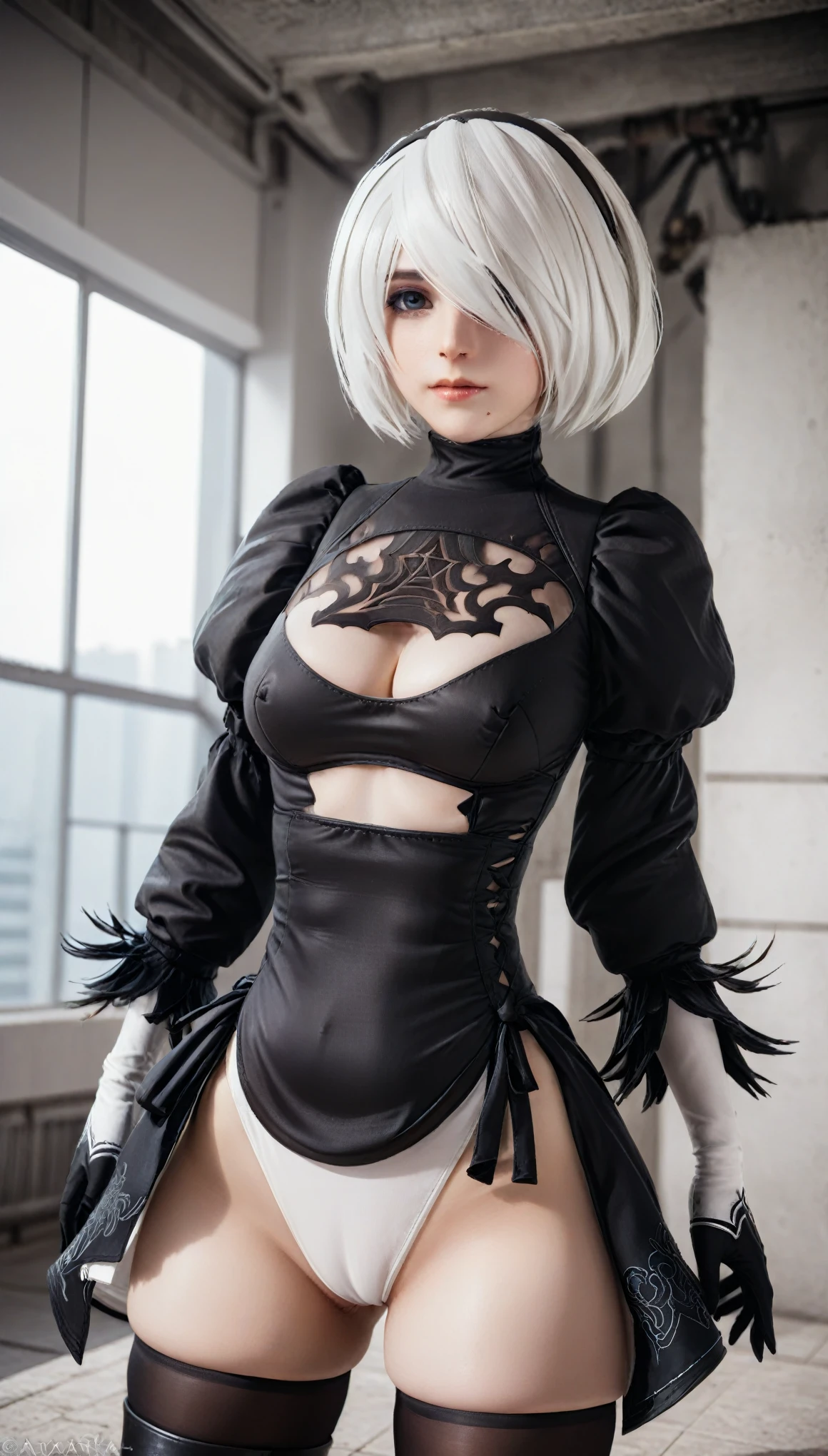 nier:Beautiful cosplay of 2B from Automata、2B、A woman cosplaying as 2B、White skin、tall、Great style、Big Breasts、Small face、High nose、Sharp Eye、Beautiful Face、Beautiful face、30 years old、British women、Half British、nier:2B&#39;s black costume from Automata、Light background、Blur the background、Fantasyな都市を背景に、Cool anime poses、strong looking woman、Shooting from a diagonal angle、masterpiece、highest quality、high resolution、Cosplayer Photos、Professional Photos、Fantasy、Glaring at the camera、Cosplay makeup style、Real Cosplay Photo、Cool and beautiful photos、Portrait、Wrapped in a pale white glow、like、happiness、Kindness