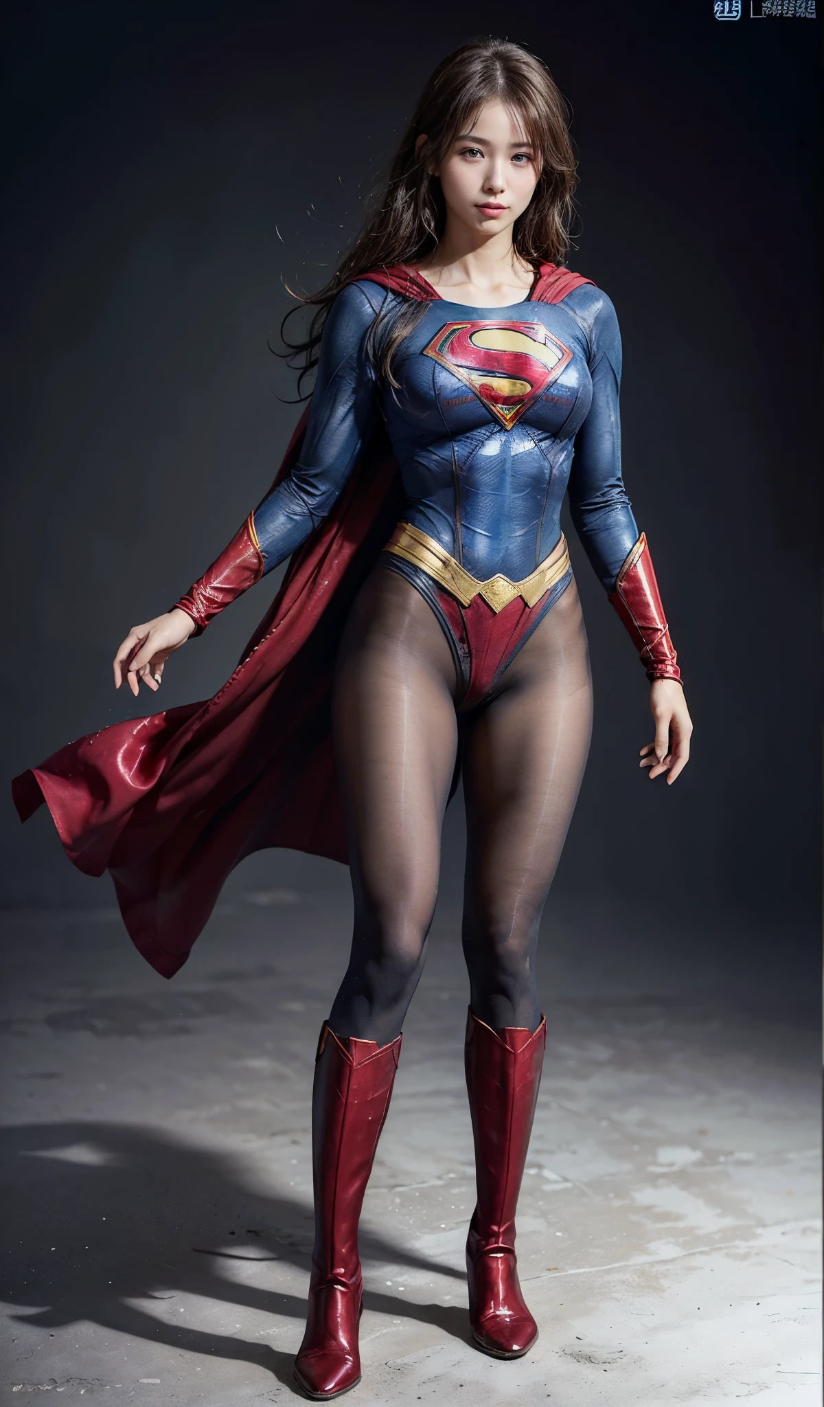 No background、(((Beautiful legs in black tights.)))、(((Legally express the beauty of your smile)))、((((Make the most of your original images)))、(((Supergirl Costume)))、(((Beautiful Hair)))、(((suffering)))、(((Please wear black tights....、Wear red boots)))、((Best image quality、8K))、((highest quality、8K、masterpiece:1.3))、(((Preserve background )))、Sharp focus:1.2、Beautiful woman with perfect figure:1.4、Thin abdominal muscles:1.2、Wet body:1.5、Highly detailed face and skin texture、8K